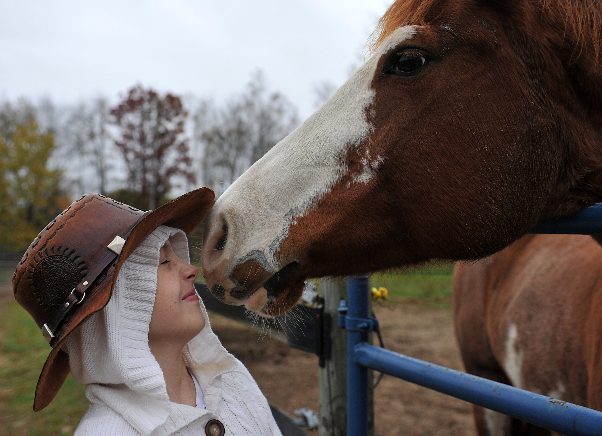  Maddie Tomasko, 11, gets a kiss on her nose from Apple Cyder Wednesday, Oct. 26, near Cedar Springs. Tomasko had a bone marrow transplant in June after being diagnosed with leukemia and received Apple Cyder in July when a volunteer at Helen DeVos Ch