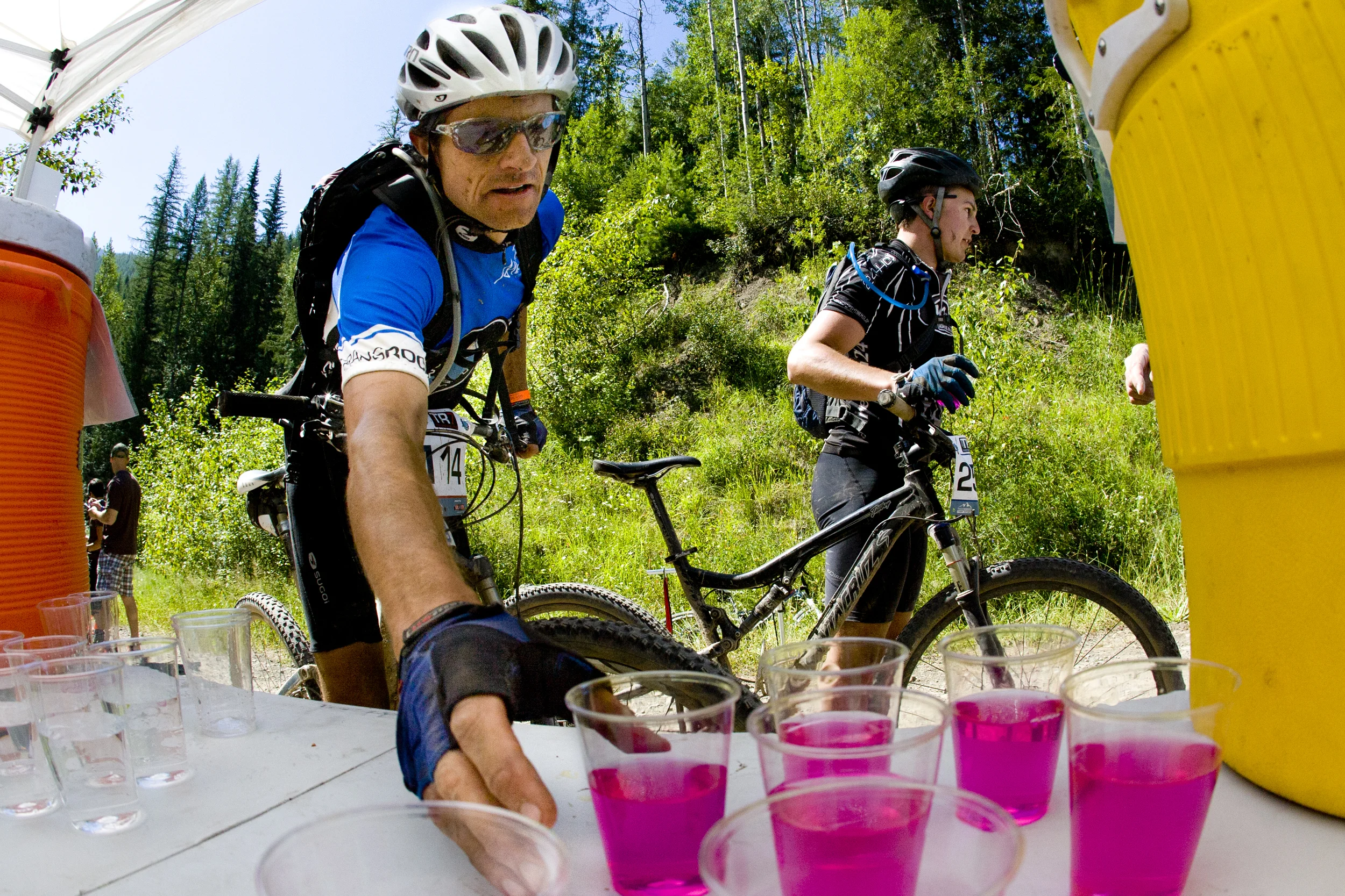TransRockies mountain bike stage race - drinks at the checkpoint