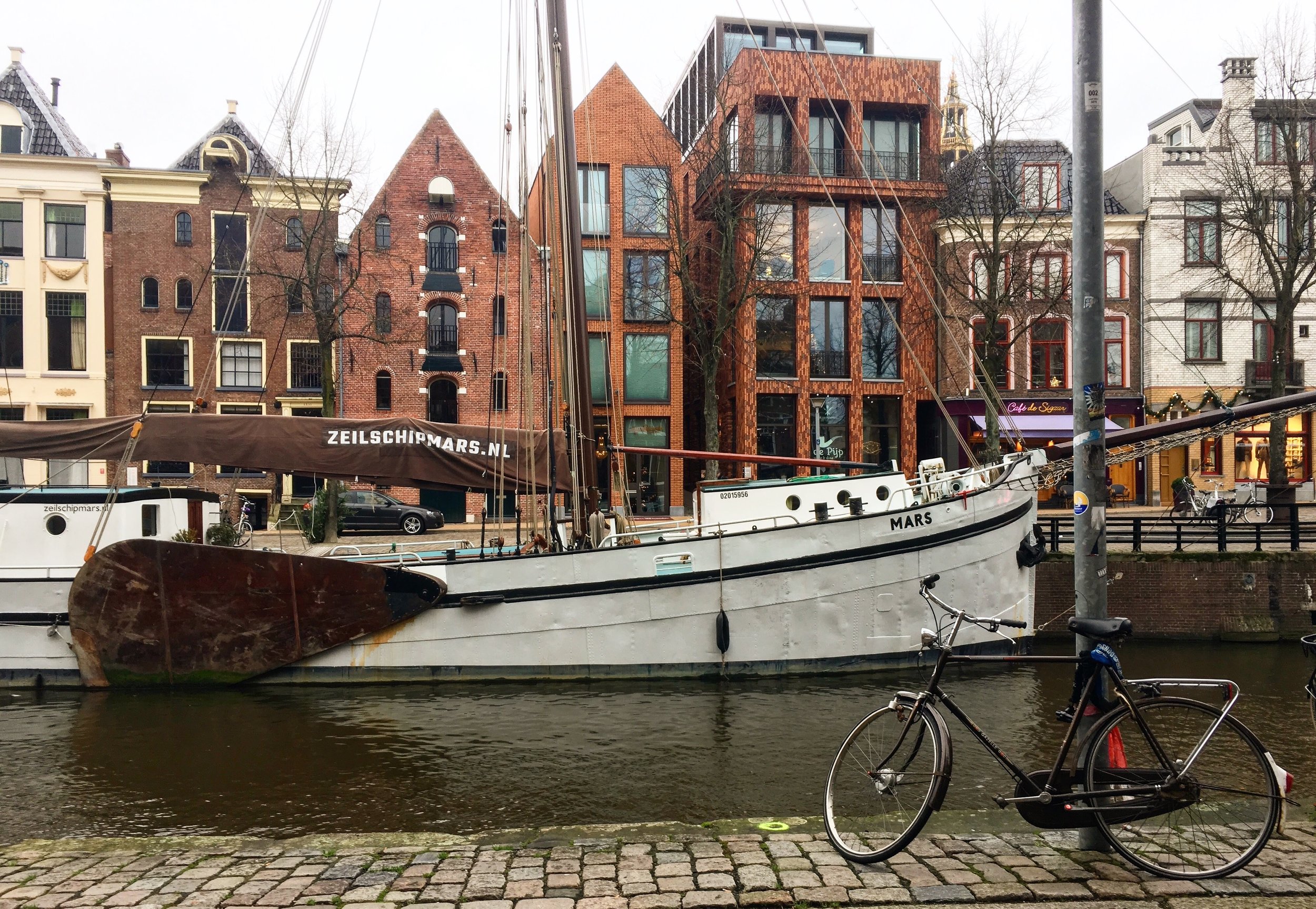 Along the canals in Groningen, Netherlands - the tallest pointed roof building is reception for Hotel Miss Blanche - it is an inviting place that instantly makes you feel welcome.