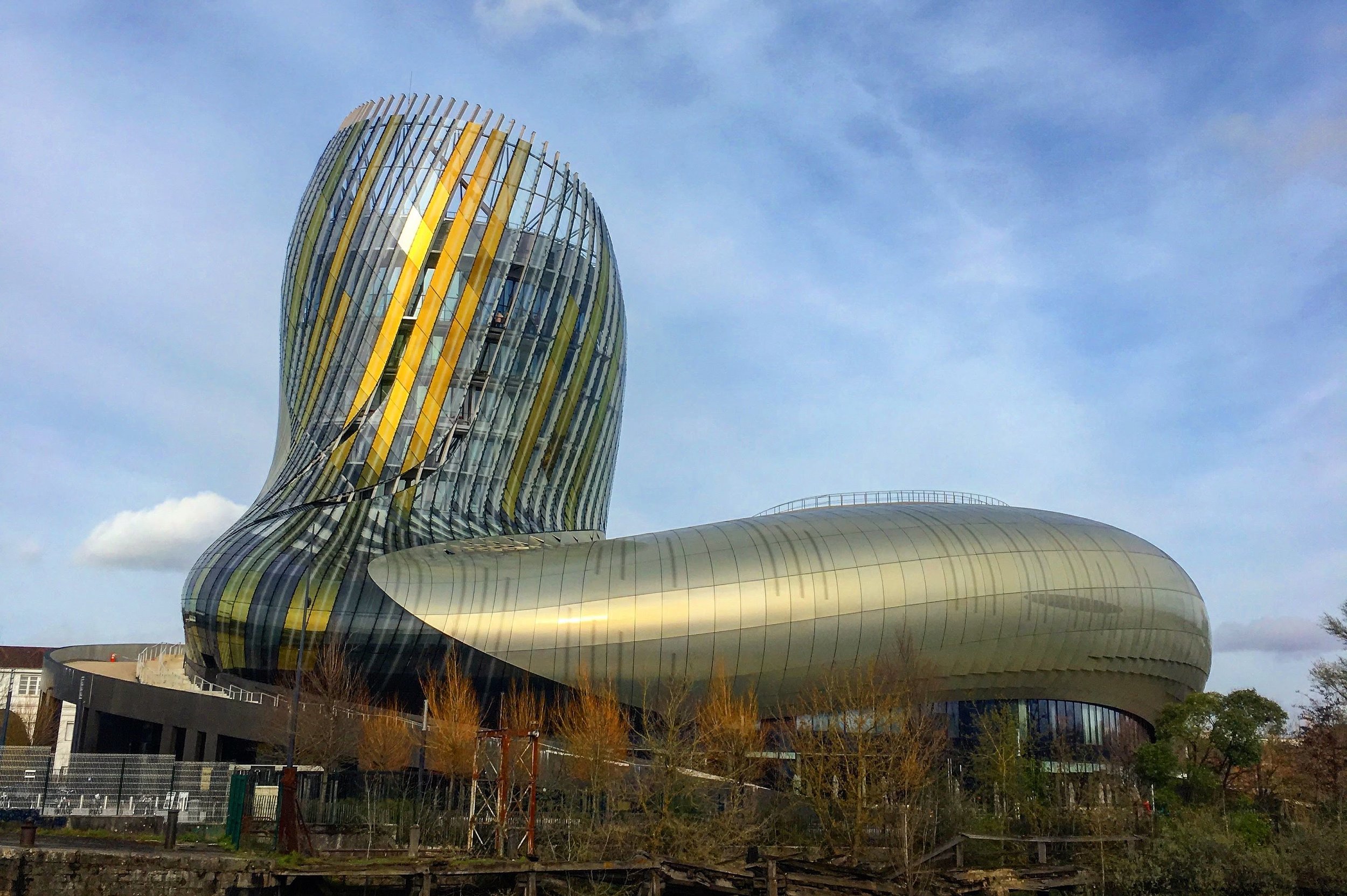 The Cité du Vin in Bordeaux - the shapes inside and outside the building are meant to evoke the soul of wine and the action of wine being swirled in a glass.