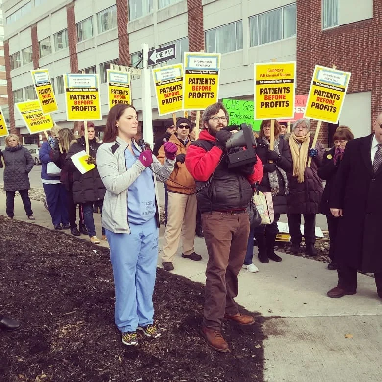 RNs at Wilkes-Barre General Hospital are represented by the Wyoming Valley Nurses Association and have been publicly calling on management to address staffing issues throughout their ongoing contract negotiations. (Pictured Speaker: Ashley Weale, RN)