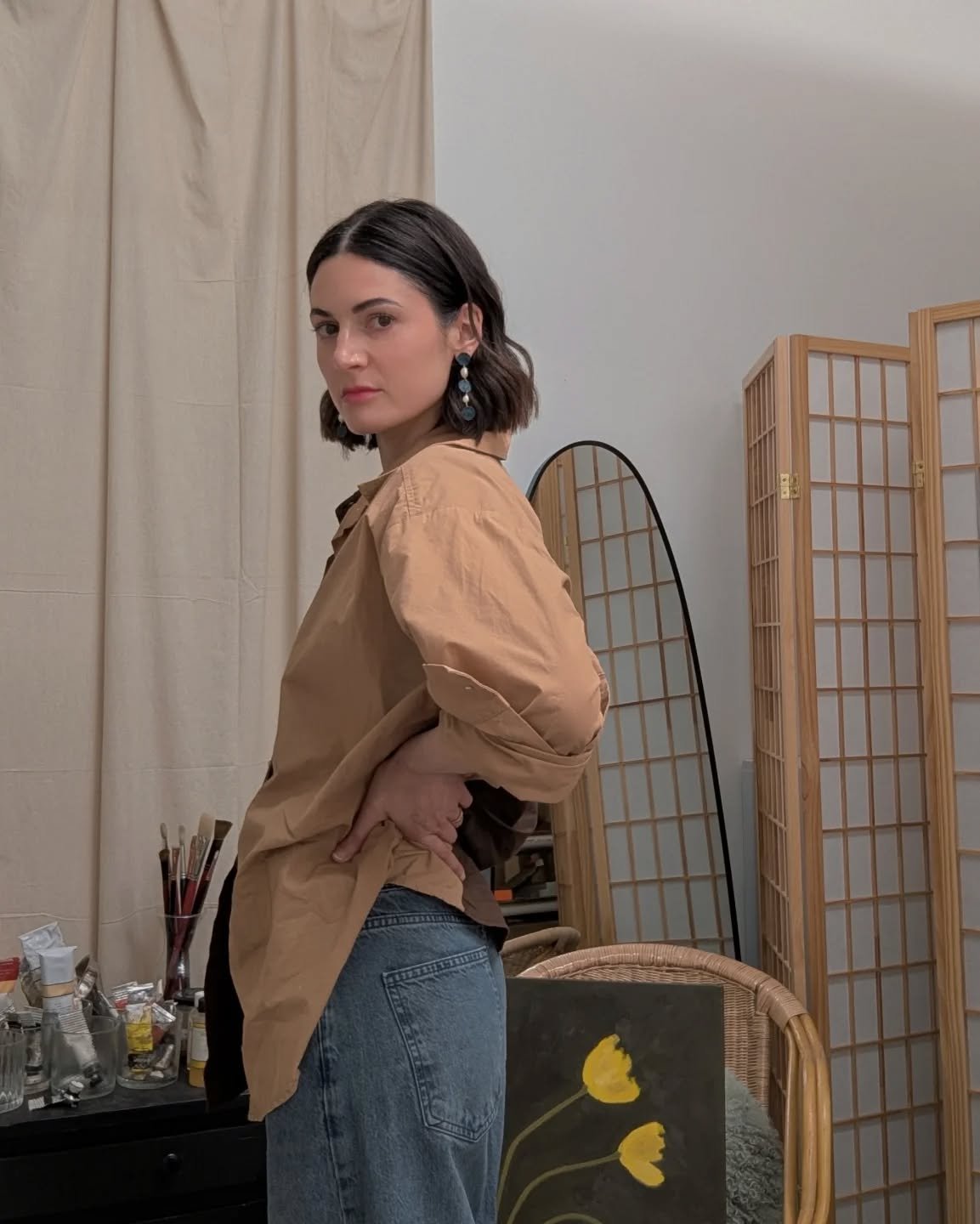 Enjoying studio time (and wearing the Ellipsis Earrings)