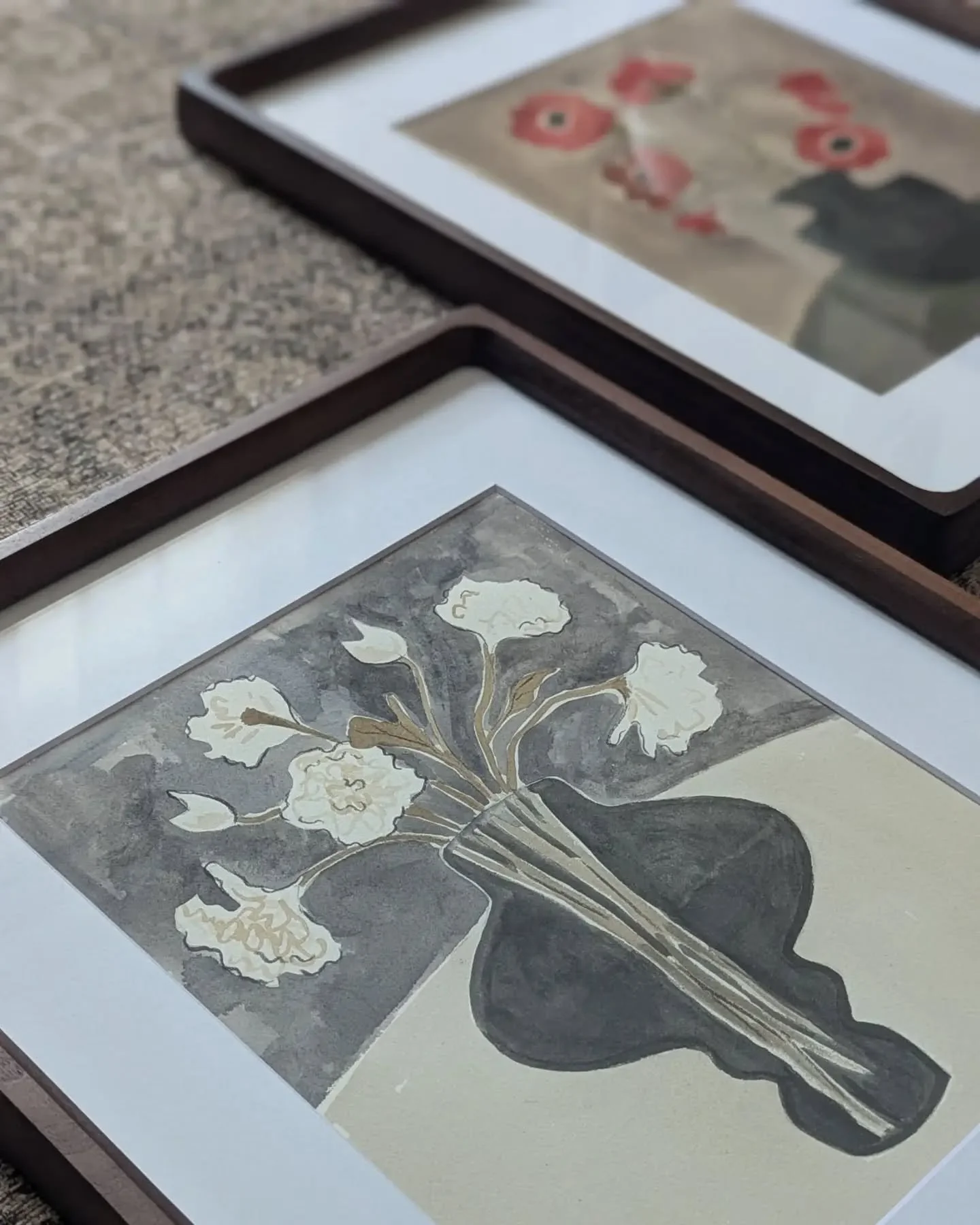 "White Carnations" and "Red Anemones" original paintings ~ watercolor and charcoal on paper ~ matted, framed, and ready for your wall. Claim yours at karibreitigam.com 🤍