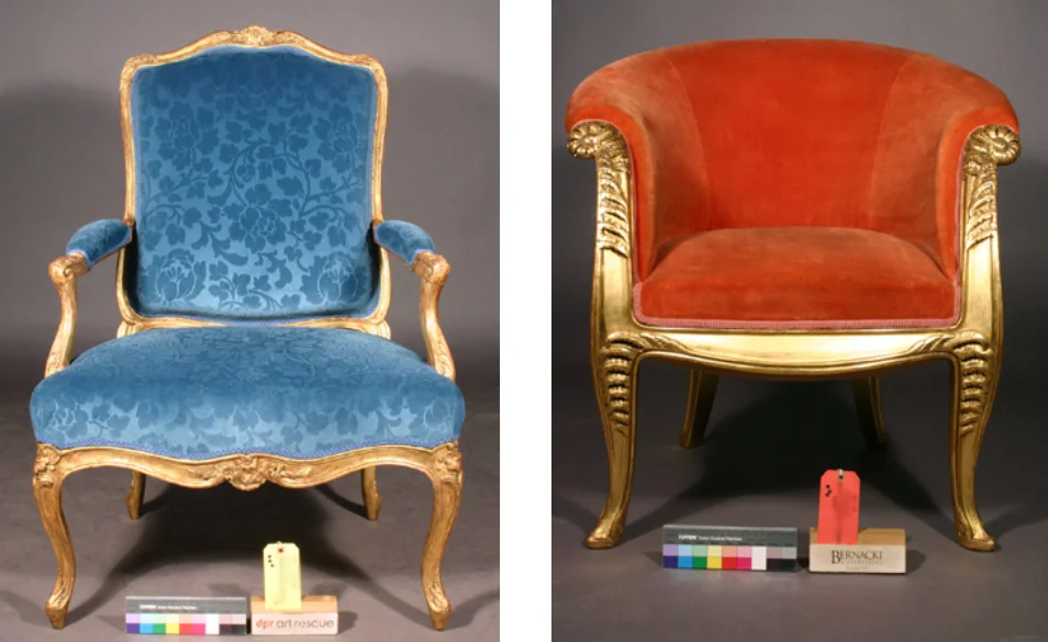 Two examples of chairs: both French, both from iconic periods and locations of French design and craftsmanship, both from a noted craftsman/designer and their workshops, both upholstered and gilt wood frame armchairs, both water gilded gold leaf, both with extensive gilding losses that were extremely visible, both damaged and needing treatment, both important enough to deserve conservation. The two examples of chairs are comparable in many ways but with completely different levels of problems. One example is a set of two fauteuils from the second half of the eighteenth century. A fauteuil is style of armchair that has an upholstered seat, back, and armrests, has open arms, and has a primarily exposed wood frame that is often gilded. The set of chairs are stamped on the inside of the back seat rail: “I. GOVDRIN” (the V for a U). Read full story...