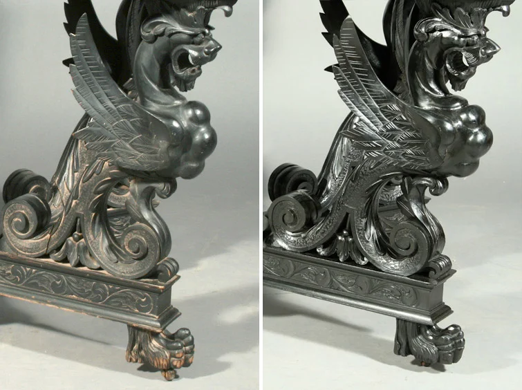 Left: Detail of an Empire style ebonized table exposed to flood waters. Visible mud residue, finish abrasions, and expansion cracks threaten its survival. Right: The same table leg, seen after emergency DPR conservation services restored its original beauty.