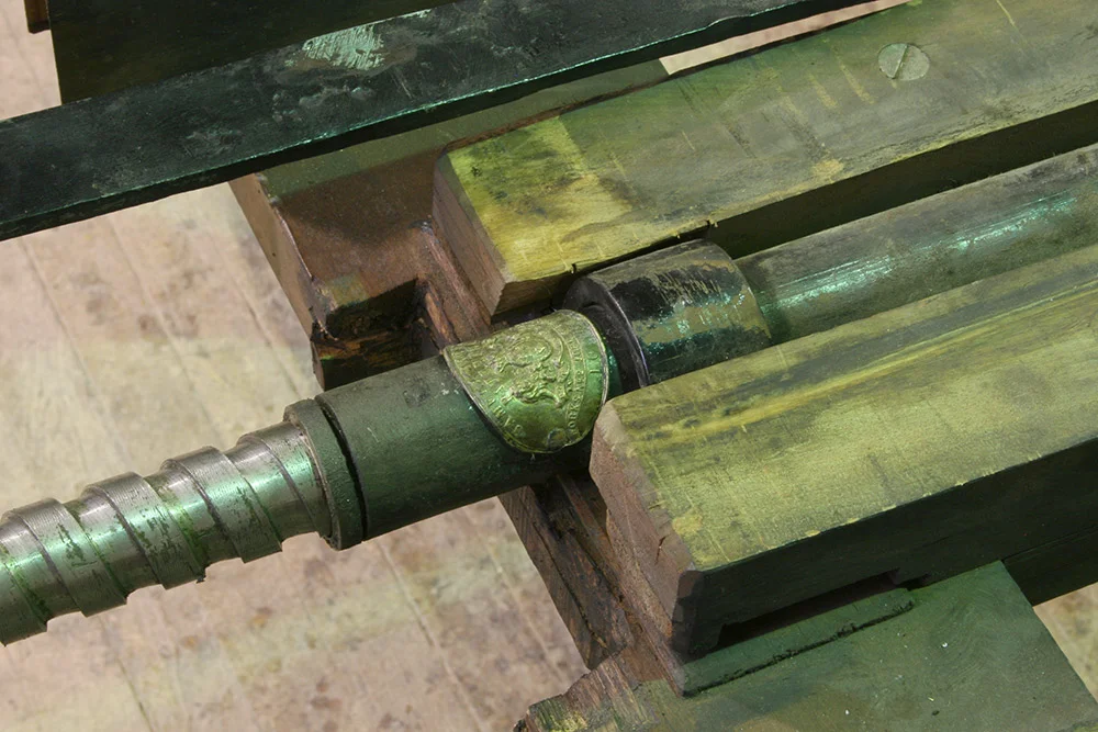 Detail of screw mechanism patented in 1861 by Samuel Hawkins of Bishopsgate, London; before conservation