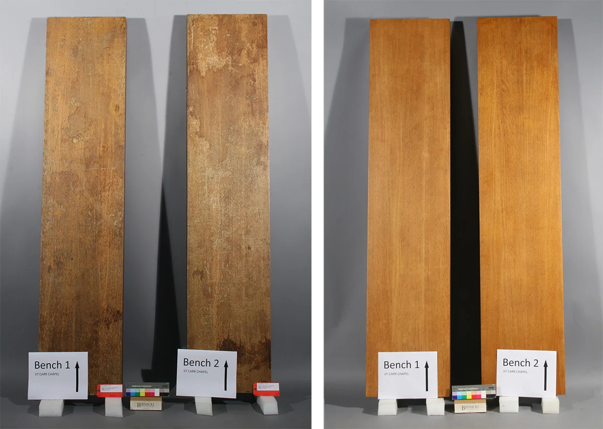 Veneered benches before and after treatment