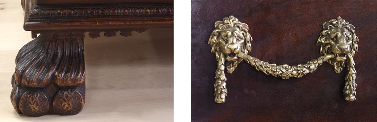 Hand carved detail and hardware close up