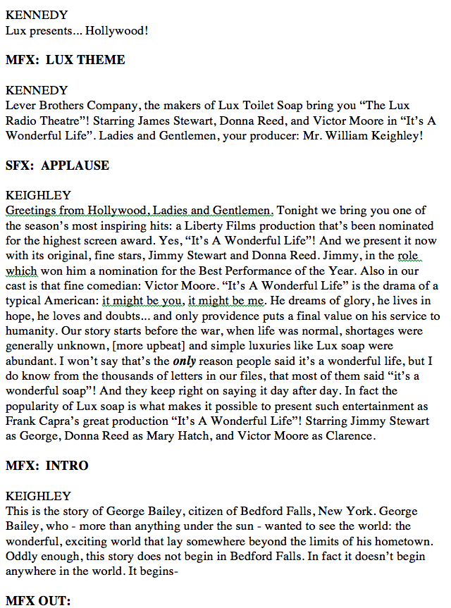 Page 1 of the original Lux Radio Theater's 1947 transcript of "It's a Wonderful Life"