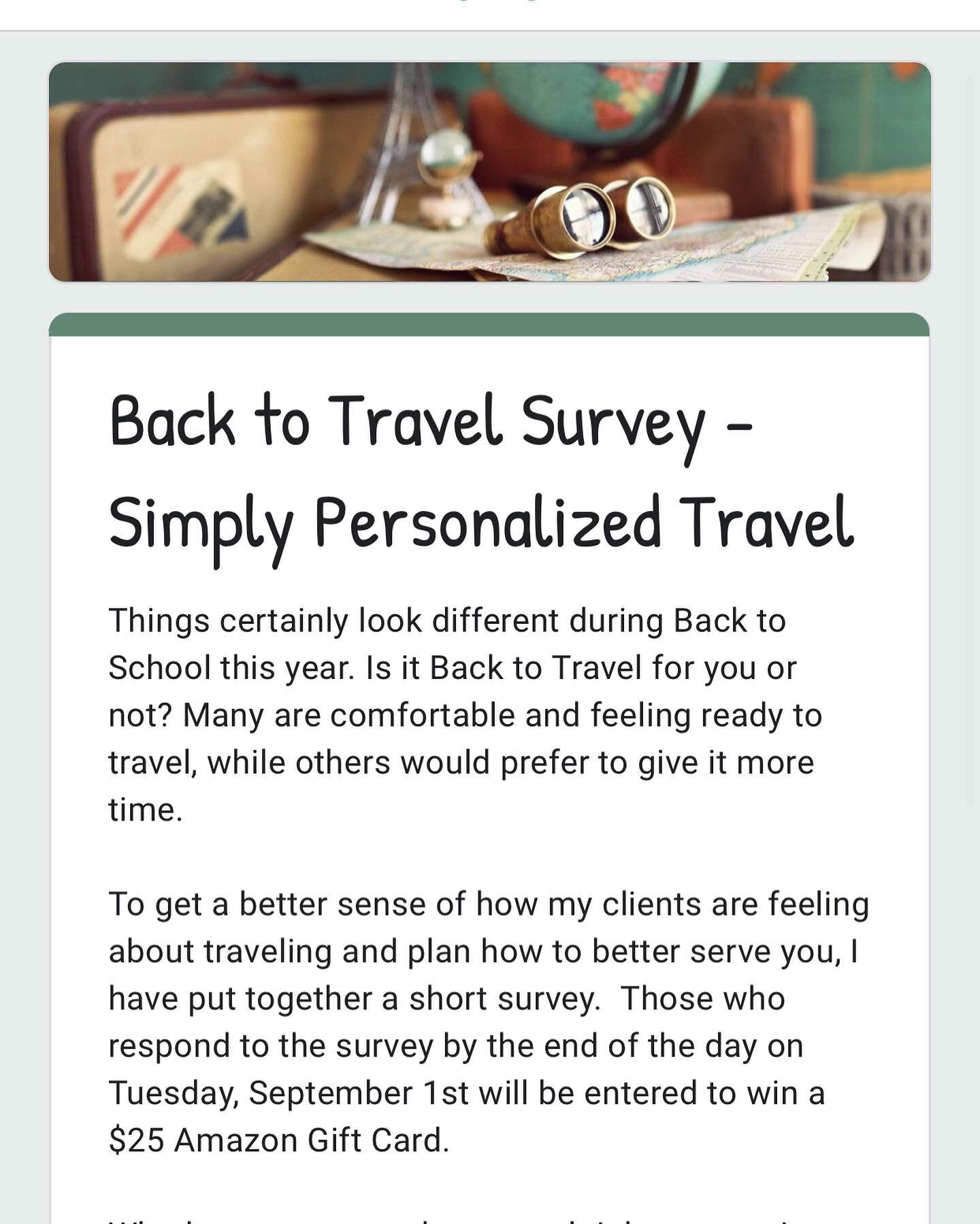 Are you ready to travel, or just dreaming about it? ✈️

To get a better sense of how my clients are feeling about traveling, I have put together a short, 2 question survey. Click the link in my bio or head over to Facebook for the direct link! ☑️

Th
