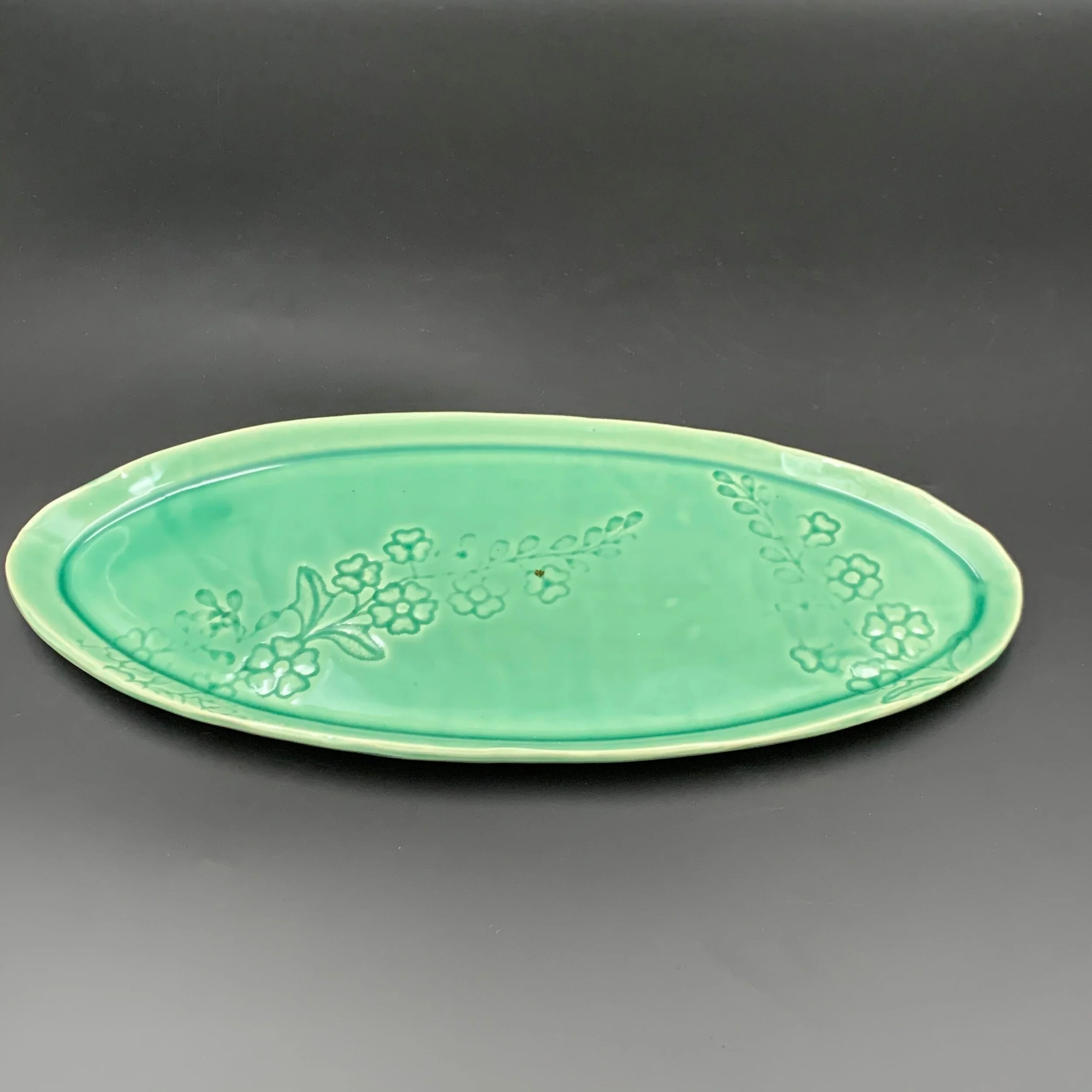 Celadon Oval Cherry Blossom Platter — Emmanuelle Ceramics LLC