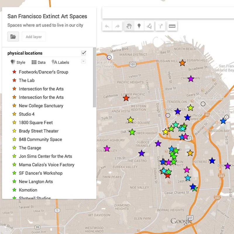 A map of art spaces that have closed in the past few years