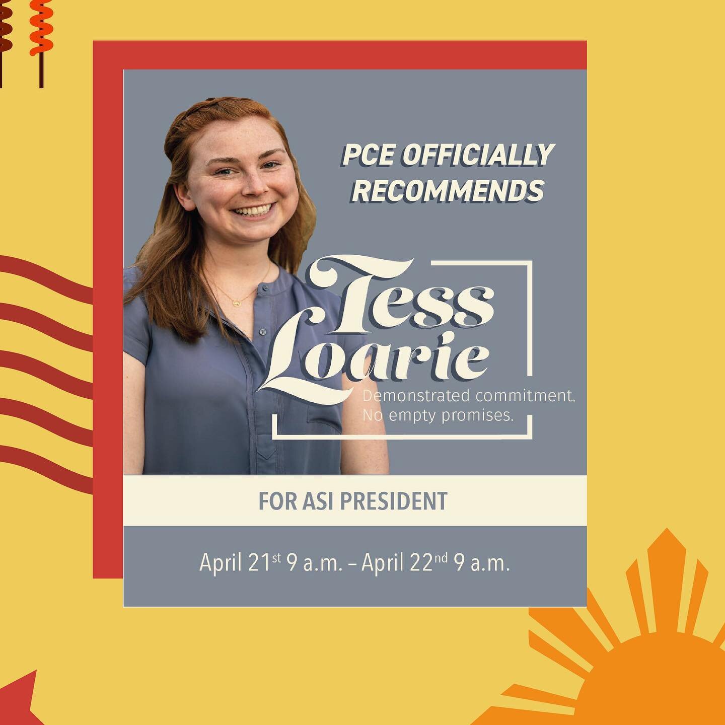 PCE has collectively voted to endorse Tess Loarie (@tessloarie) for ASI President. ASI Elections start TODAY, Wednesday April 21 9 AM through Thursday April 22 9 AM. We encourage all PCE members to actively take part in change on campus by participat