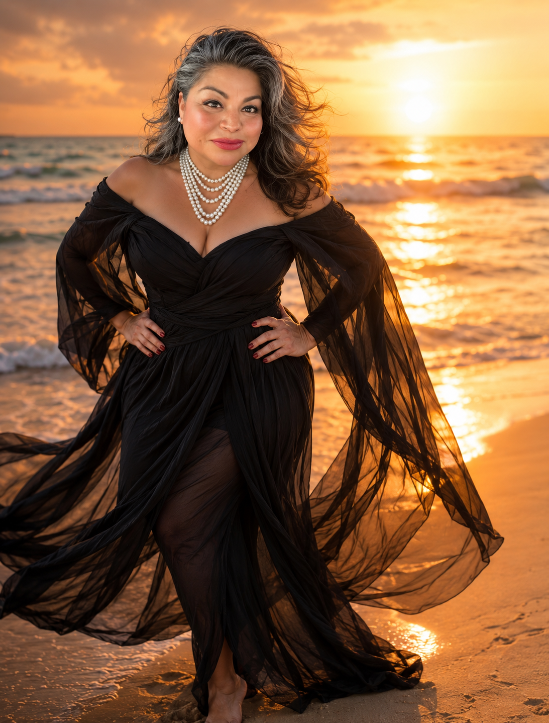 Renee Reyes of The Love Officiant standing barefoot on a beach at sunset wearing a flowing black gown and pearls, specializing in luxury naturist and nudist wedding ceremonies in Texas and beyond.