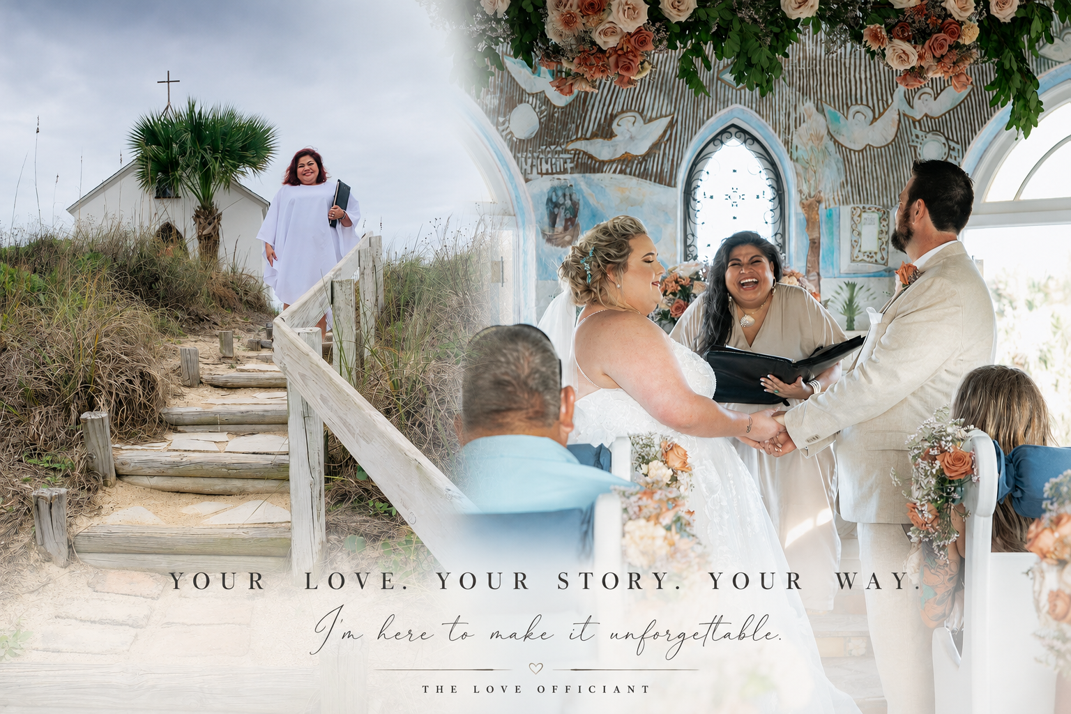 The Love Officiant standing outside the Chapel of the Dunes and joyfully officiating a wedding ceremony with a bride and groom inside the chapel in Port Aransas, Texas.