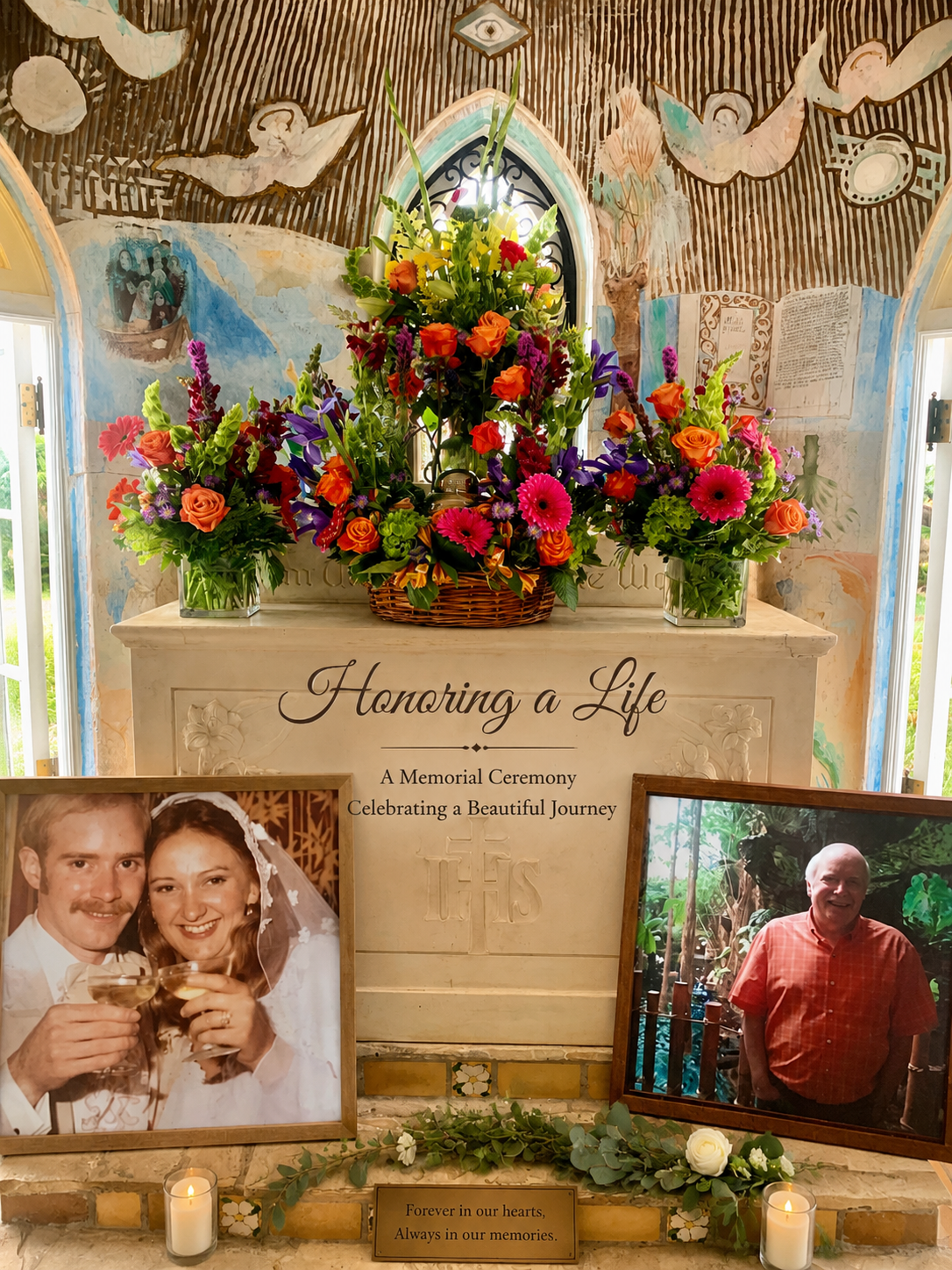 “Life celebration memorial service at Chapel on the Dunes in Port Aransas, Texas, featuring floral tributes, remembrance photographs, and a personalized ceremony honoring a loved one.”