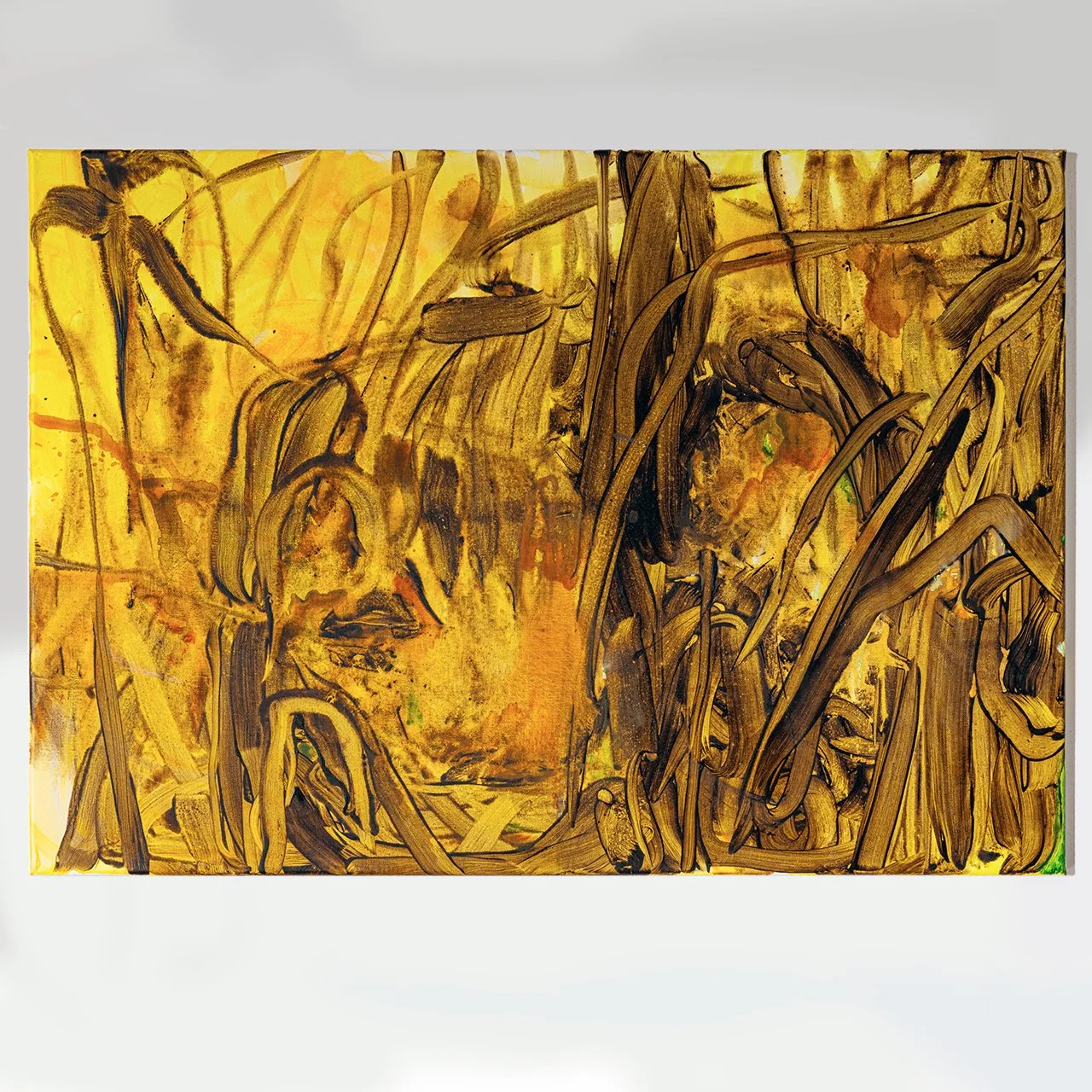 Abstract painting with yellow, brown, and black brushstrokes and textures, resembling a face within a chaotic composition.