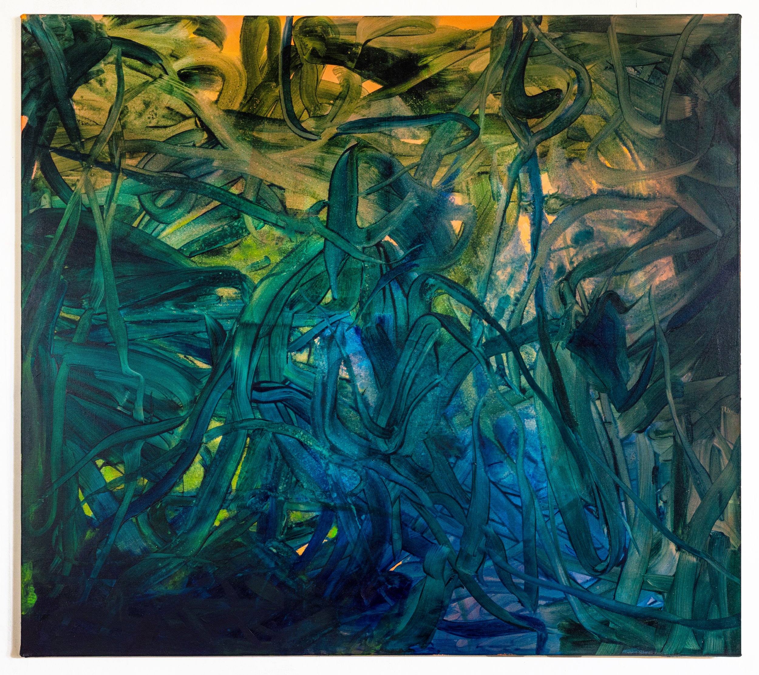 Abstract painting with dark green, blue, and hints of orange and yellow brushstrokes forming tangled, flowing lines.