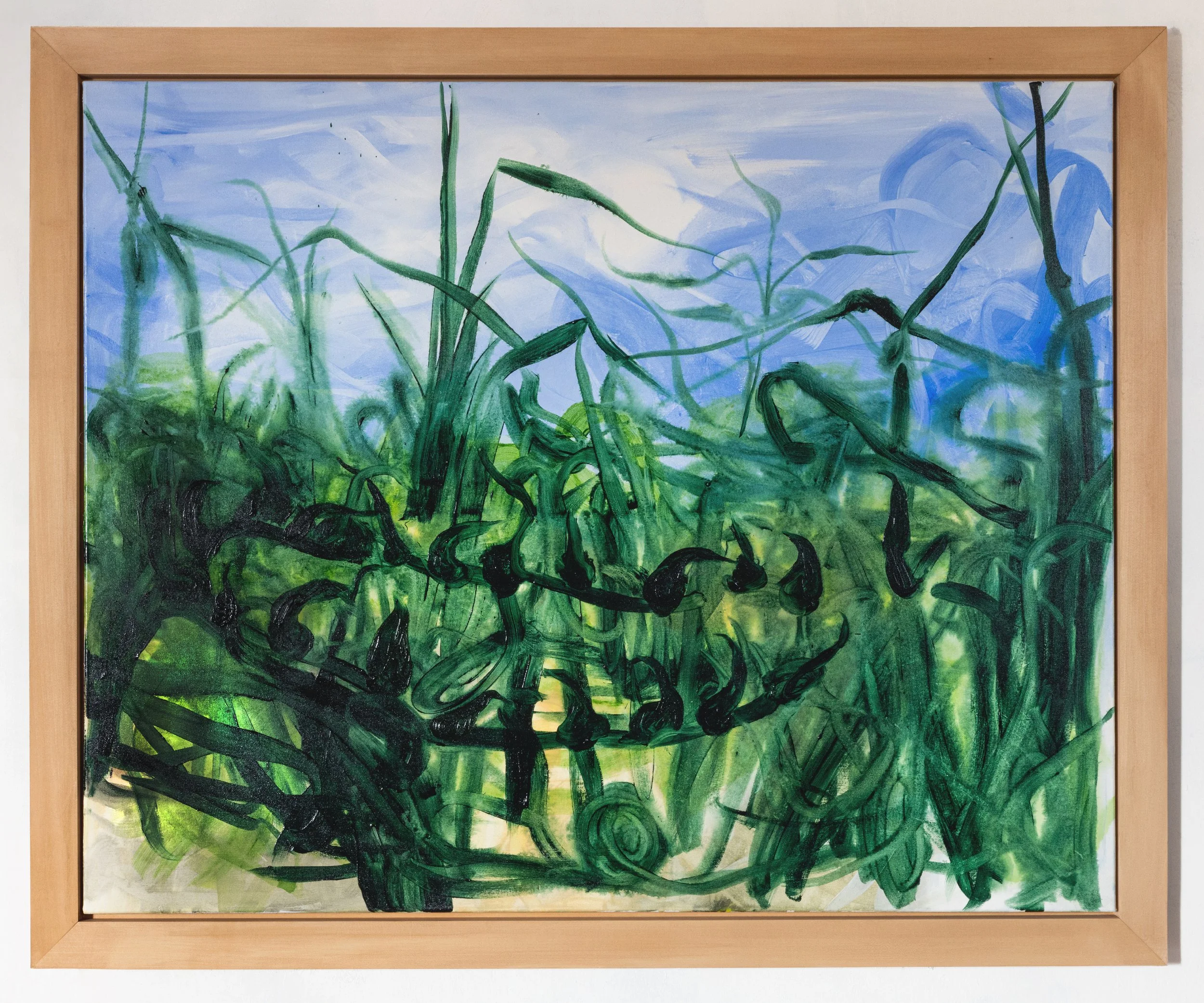 Abstract painting of grass and foliage with green, black, blue, and yellow colors.