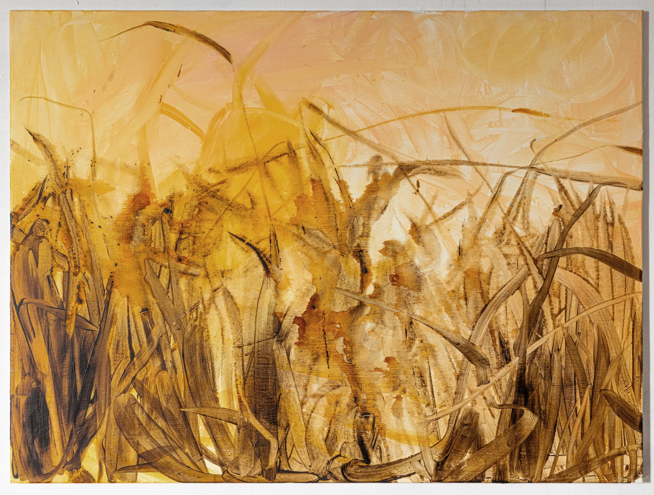 Abstract painting with shades of yellow, brown, and beige, featuring expressive brushstrokes and a textured surface.