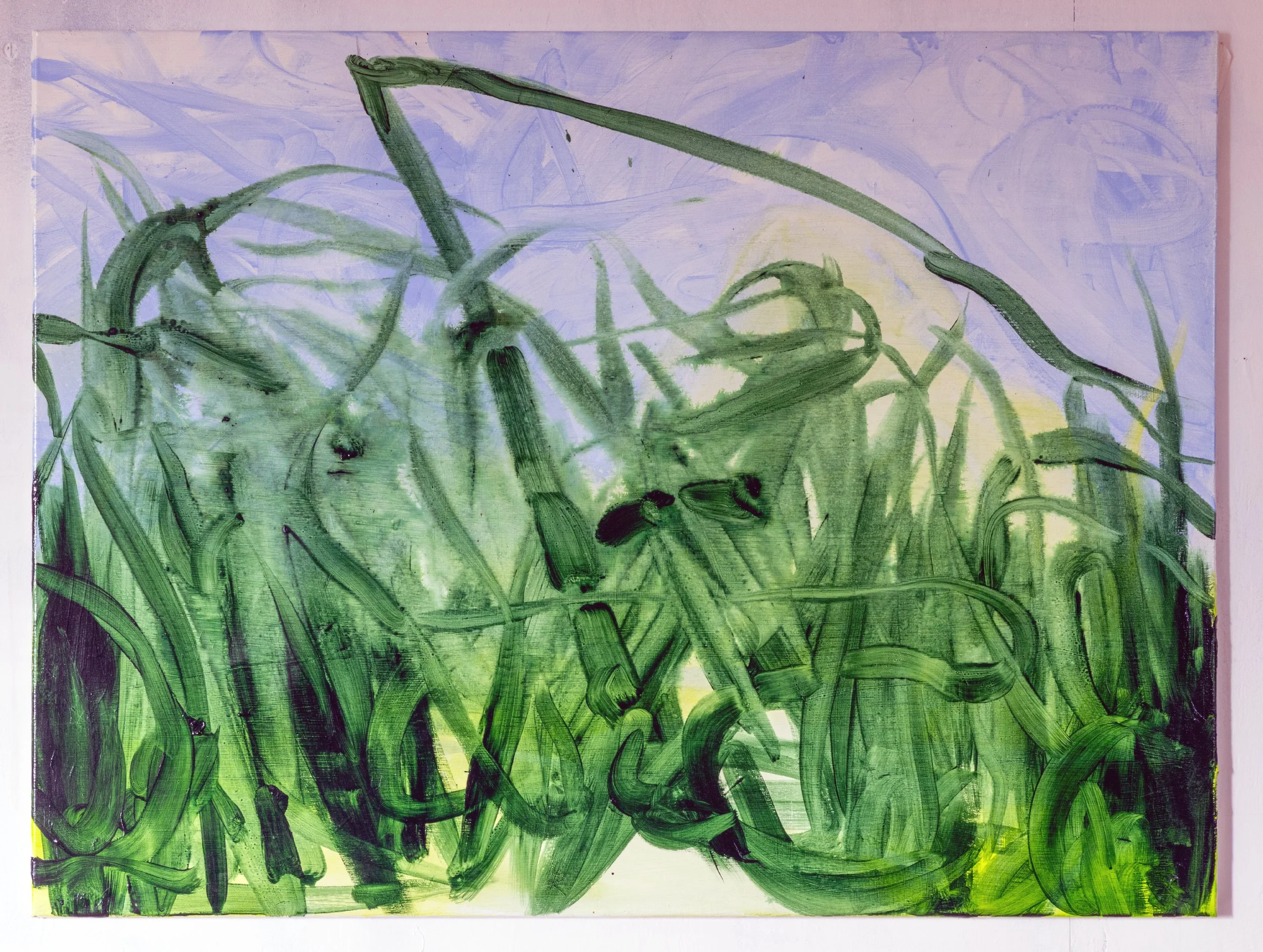 Abstract painting of green vines and leaves on a light purple and yellow background.