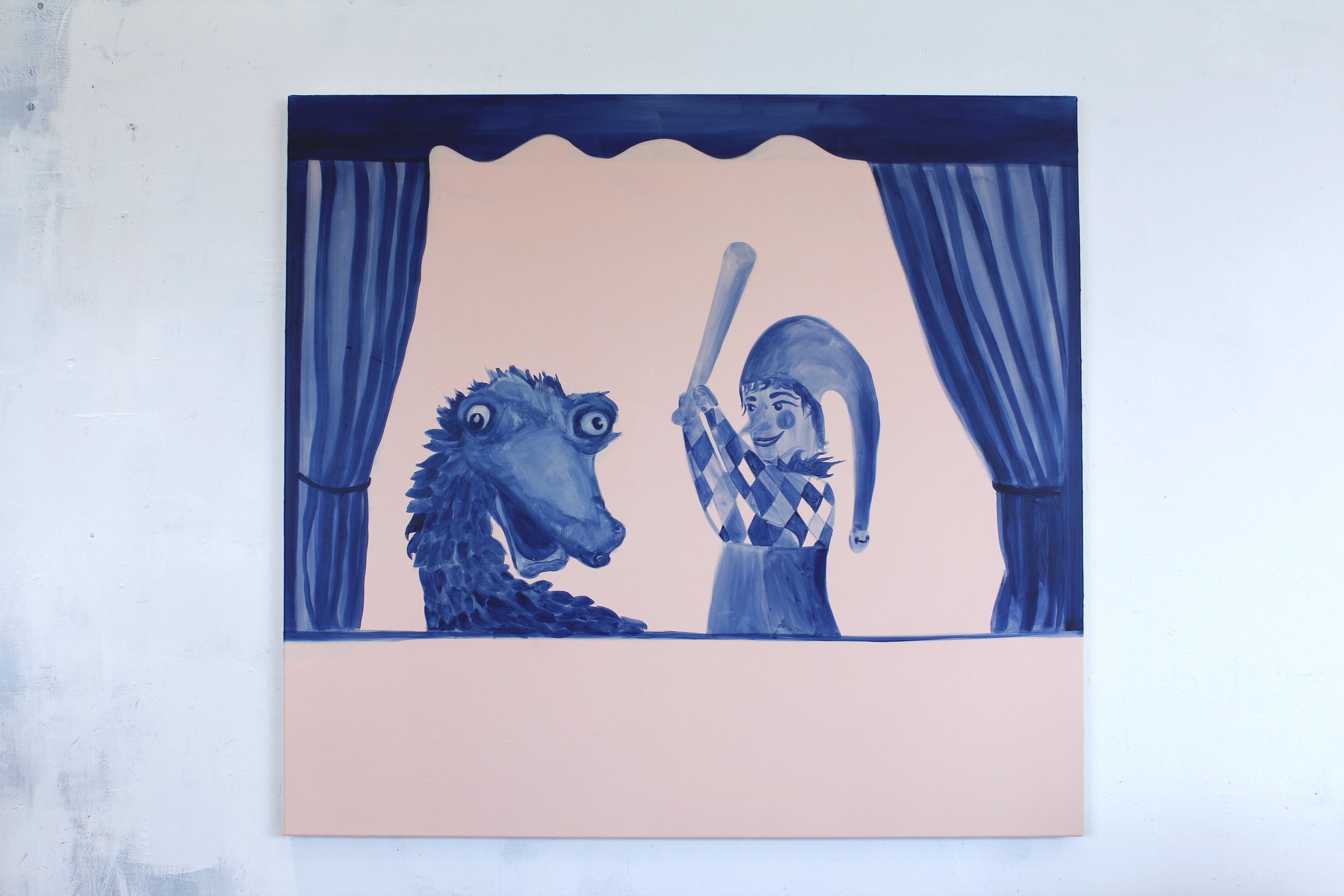 A painting of a puppet show with a character that has a long nose, possibly a gnome, and a crewed blue dragon, with blue curtains framing the scene.