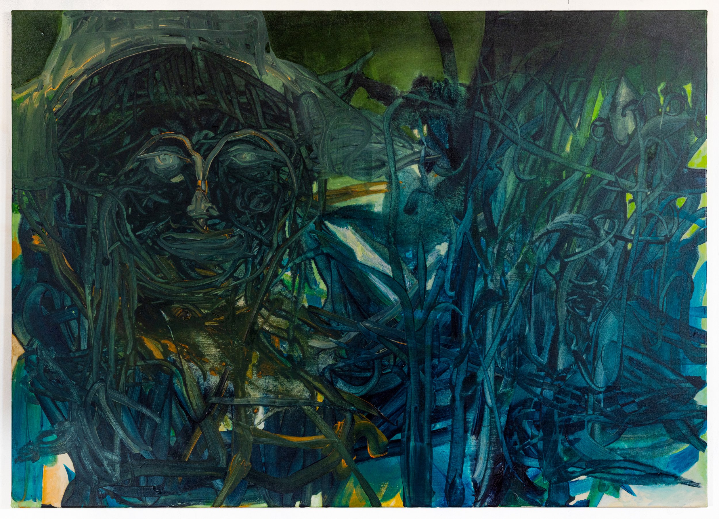 Abstract painting with dark green, blue, and black swirling lines and shapes.