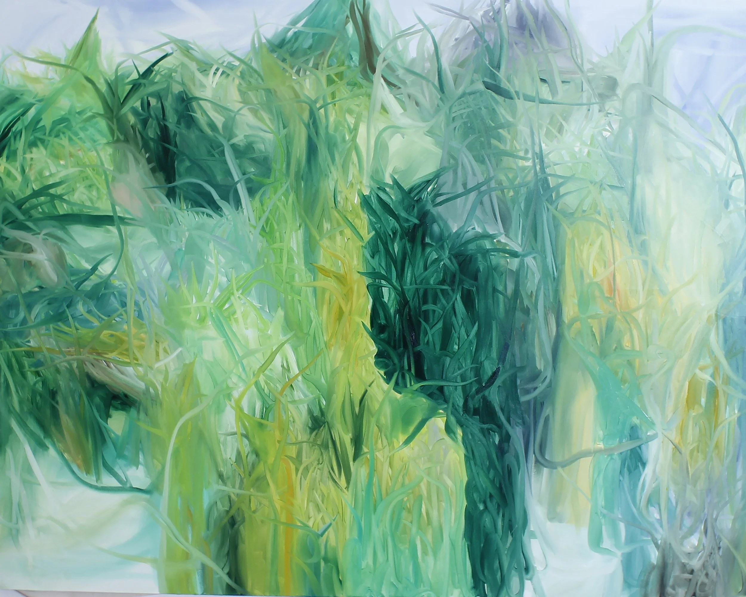 Abstract impressionistic painting with swirling shades of green, blue, and yellow.