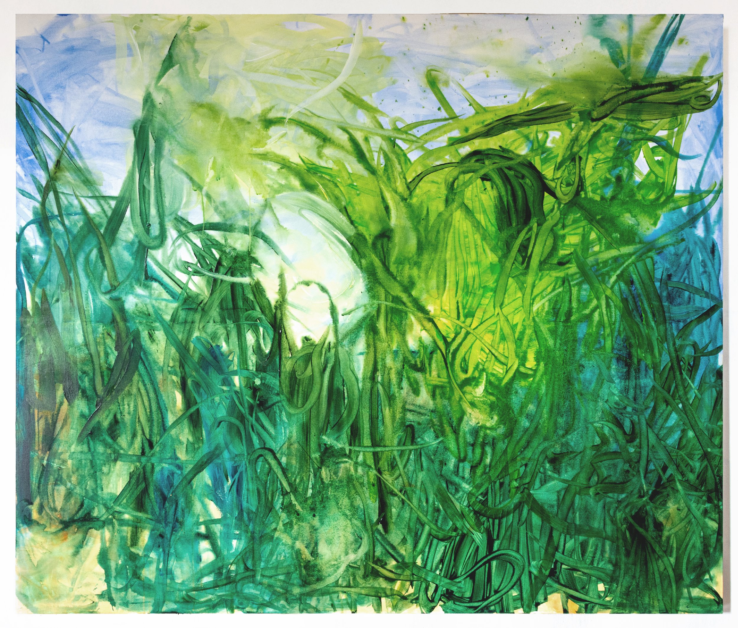 Abstract watercolor painting with shades of green and blue, featuring swirling lines and organic shapes.