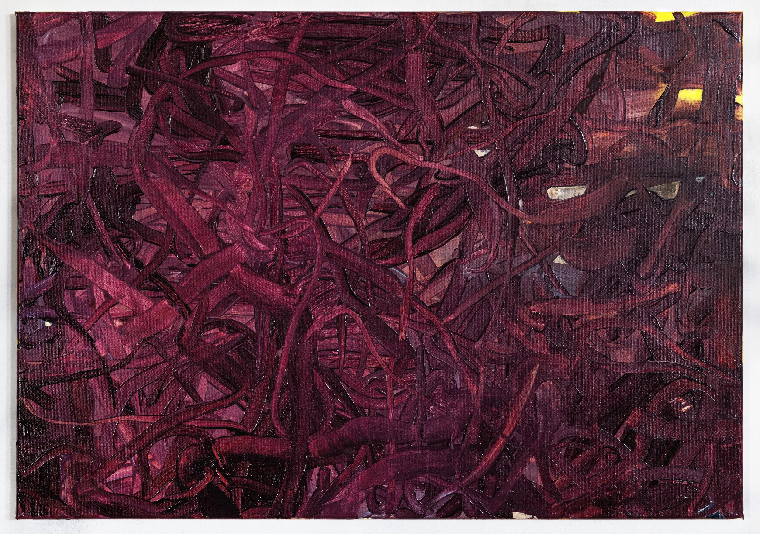 Abstract painting with tangled, overlapping dark red and purple brushstrokes.