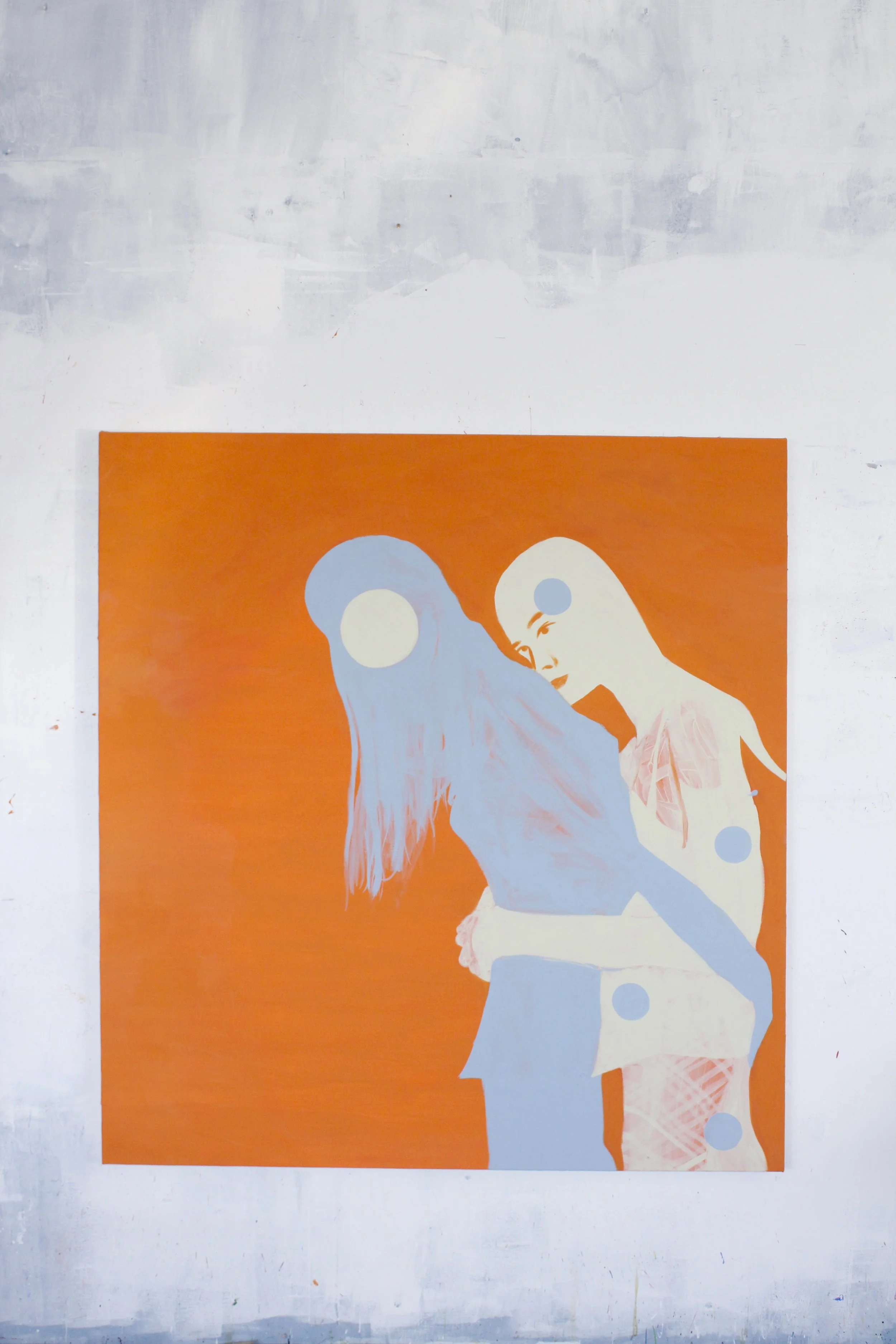 A colorful abstract painting of two girls with one leaning on the other's shoulder, against a bright orange background.