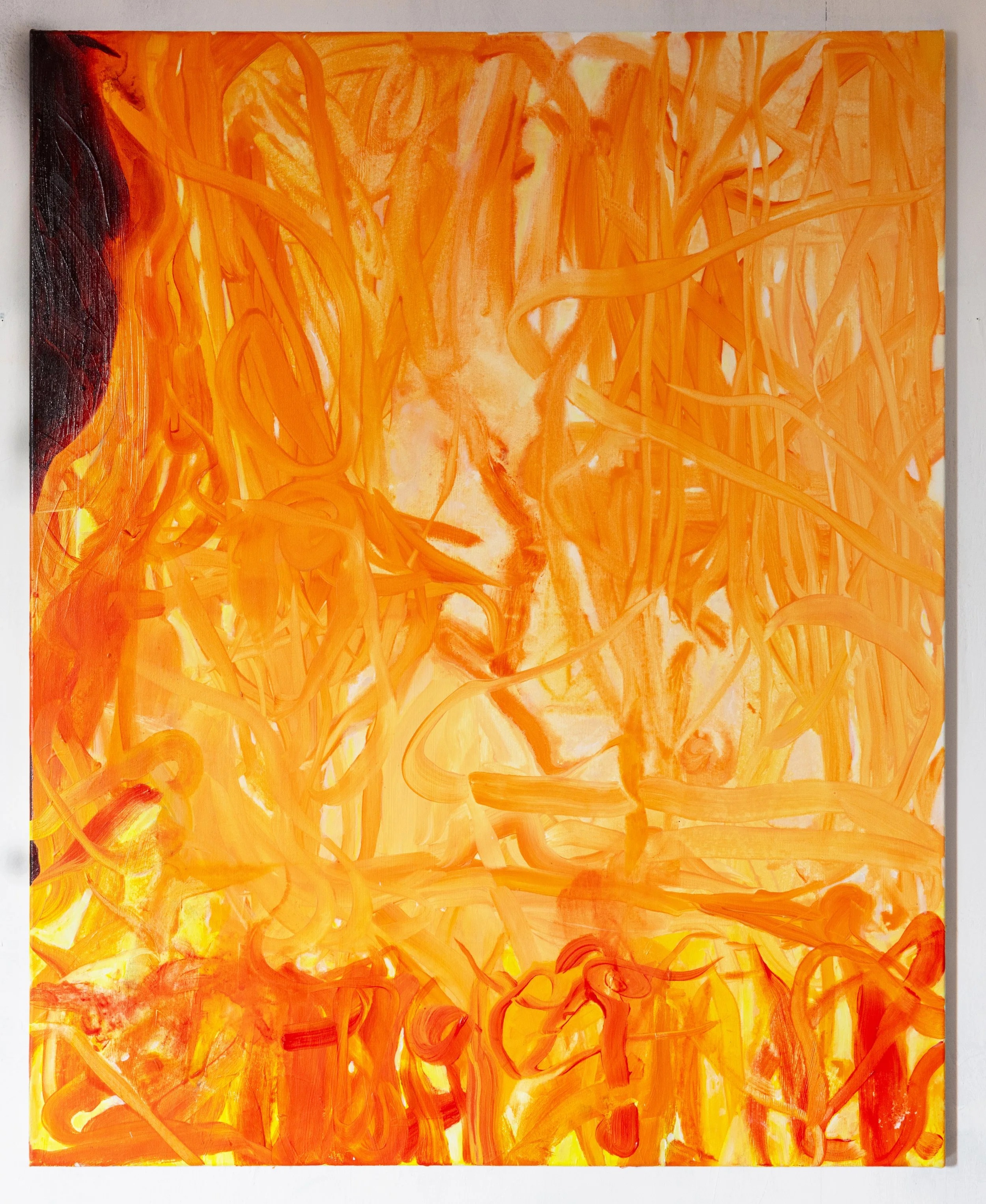 Abstract artwork with orange and yellow brushstrokes, featuring a faint face of a person in the background.