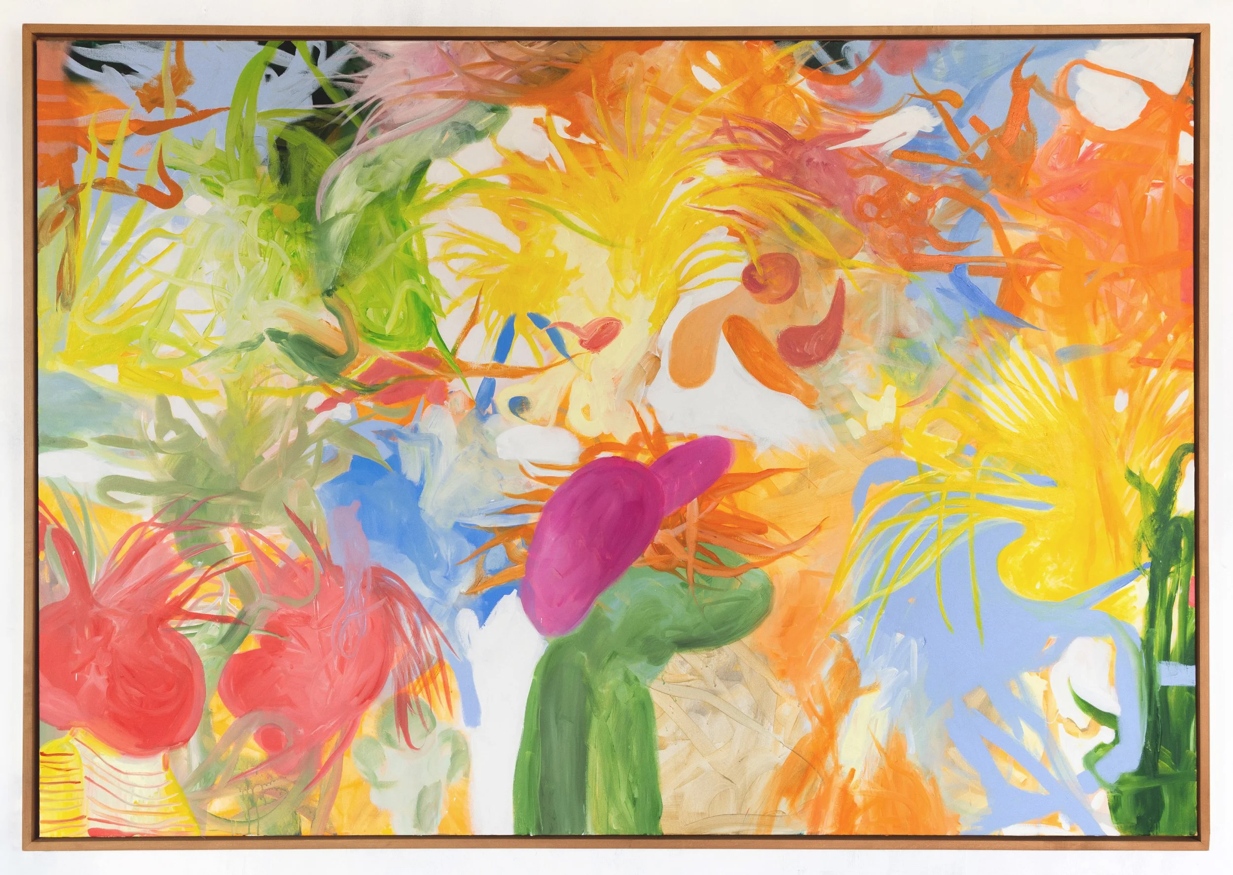 Abstract colorful painting with vibrant splashes of green, yellow, pink, orange, blue, and purple, framed in wood.