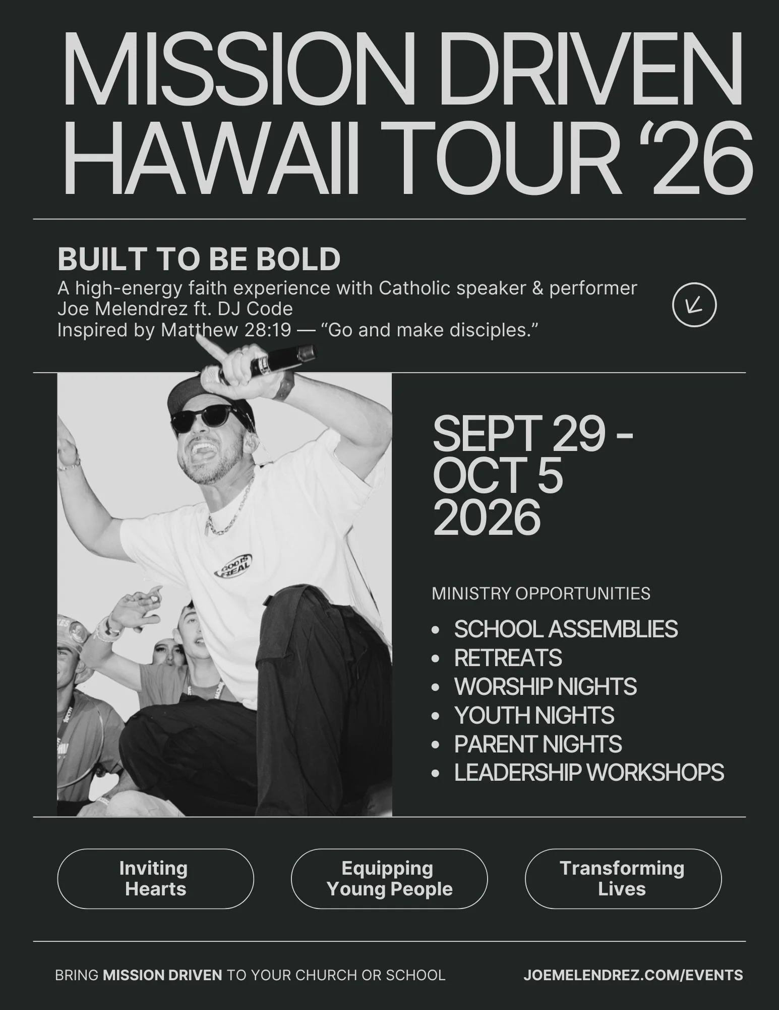 HAWAII, WE&rsquo;RE COMING BACK! 🌺🤙🏽
MISSION DRIVEN TOUR returns to Oahu Sept 29&ndash;Oct 5.

We&rsquo;ve opened a few remaining dates for Catholic schools and churches.

Know a principal, pastor, youth minister, campus minister, or school that w