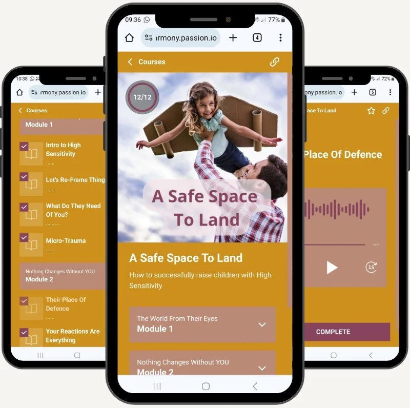 Mock-up image of a phone with the parenting course a safe space to land on the screen, with a sneak peak at some of the strategies for parenting a highly sensitive child
