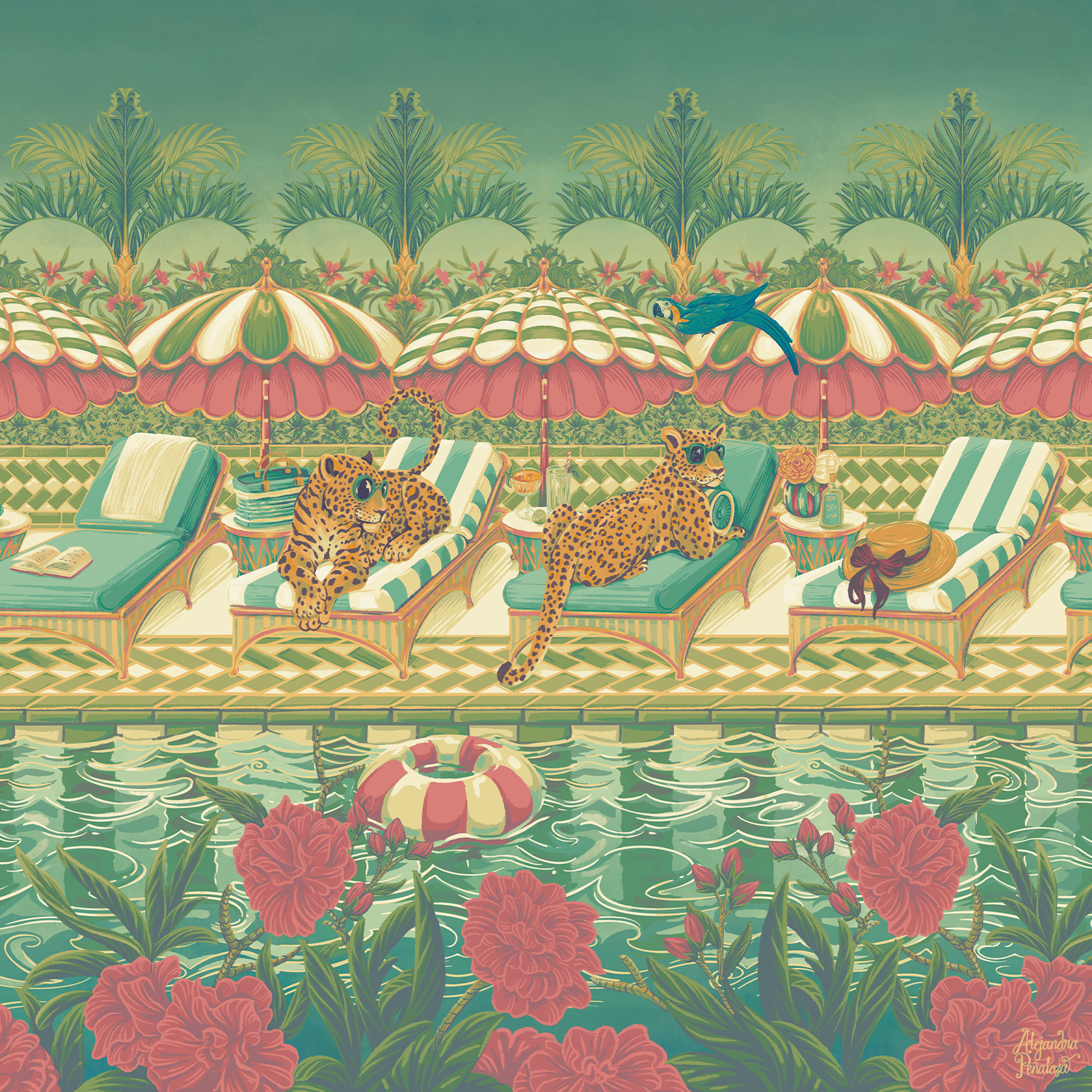 Two leopards rest on striped lounge chairs beside a swimming pool, surrounded by palm trees and large pink flowers. The scene features vintage-style umbrellas, a red-and-white life ring in the water, and a straw hat nearby. A banner above reads 'you 