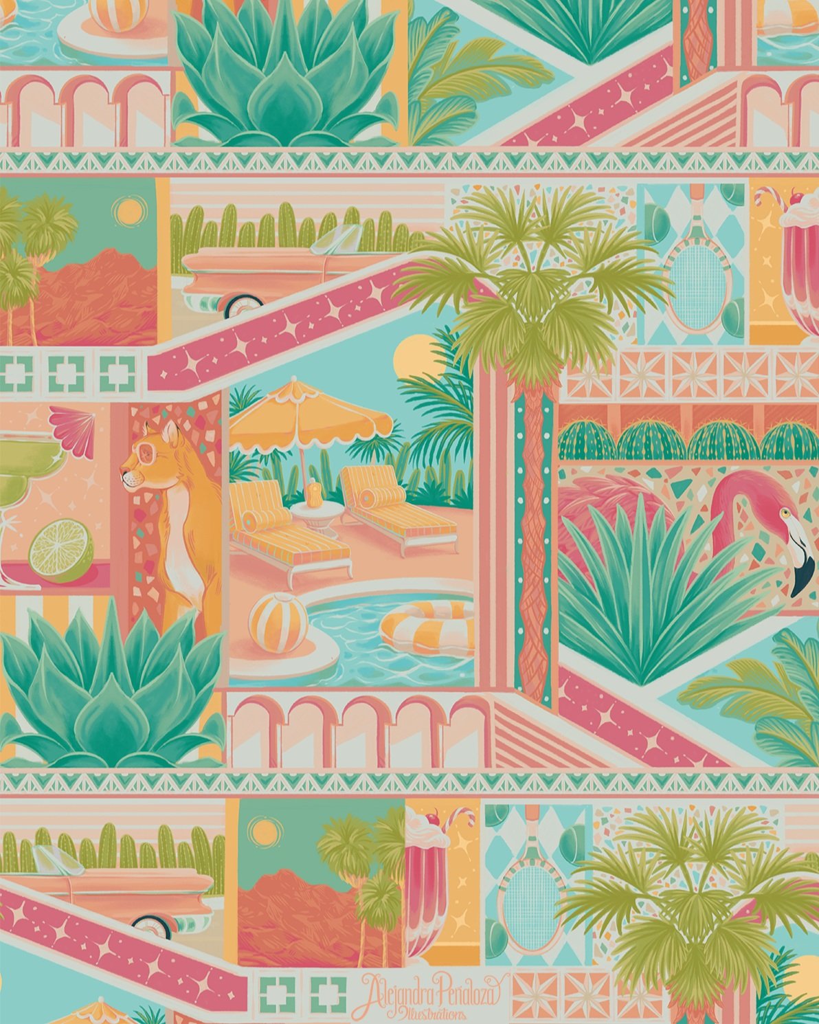 Playful Palm Springs-inspired illustration featuring retro desert architecture, tropical plants, mid-century modern poolside scenes, and whimsical lifestyle details. This colorful collage blends vintage resort vibes with surreal travel storytelling,