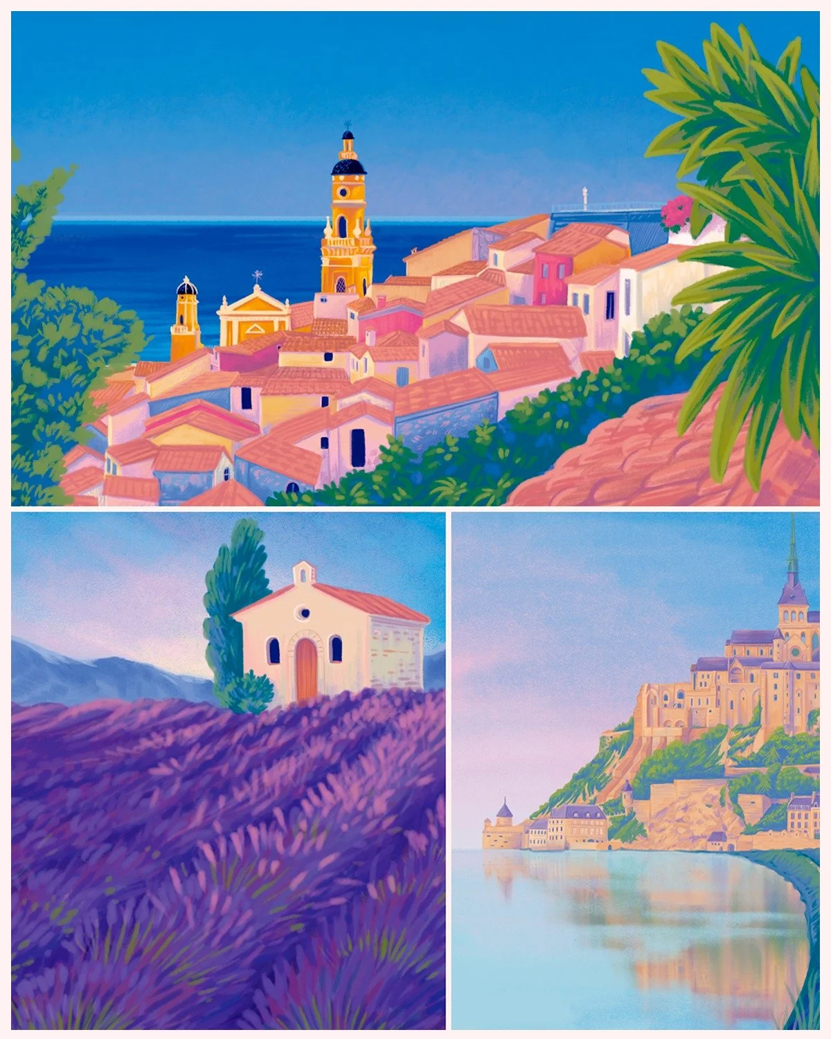 From lavender fields to seaside villages to storybook castles, a little postcard from France in three scenes from a commission I am working on 💜✨🌊
.
.
.
#travelillustration #lifestlyleillustration #illustratorsforhire #france #lavanderfieds #menton