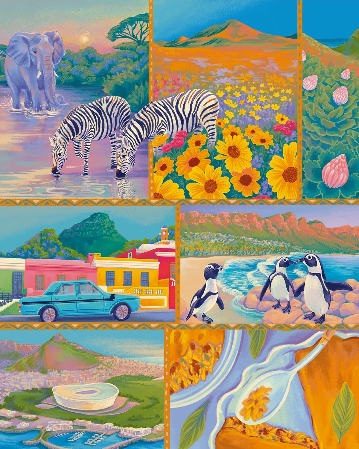 Celebrating the vibrant spirit of South Africa 🌞🐧🌻
.
From elephants at sunset to penguins by the sea, every detail is painted with love to capture the wonder of this corner of the world.
.
Another glimpse into this unfolding commissioned picture b