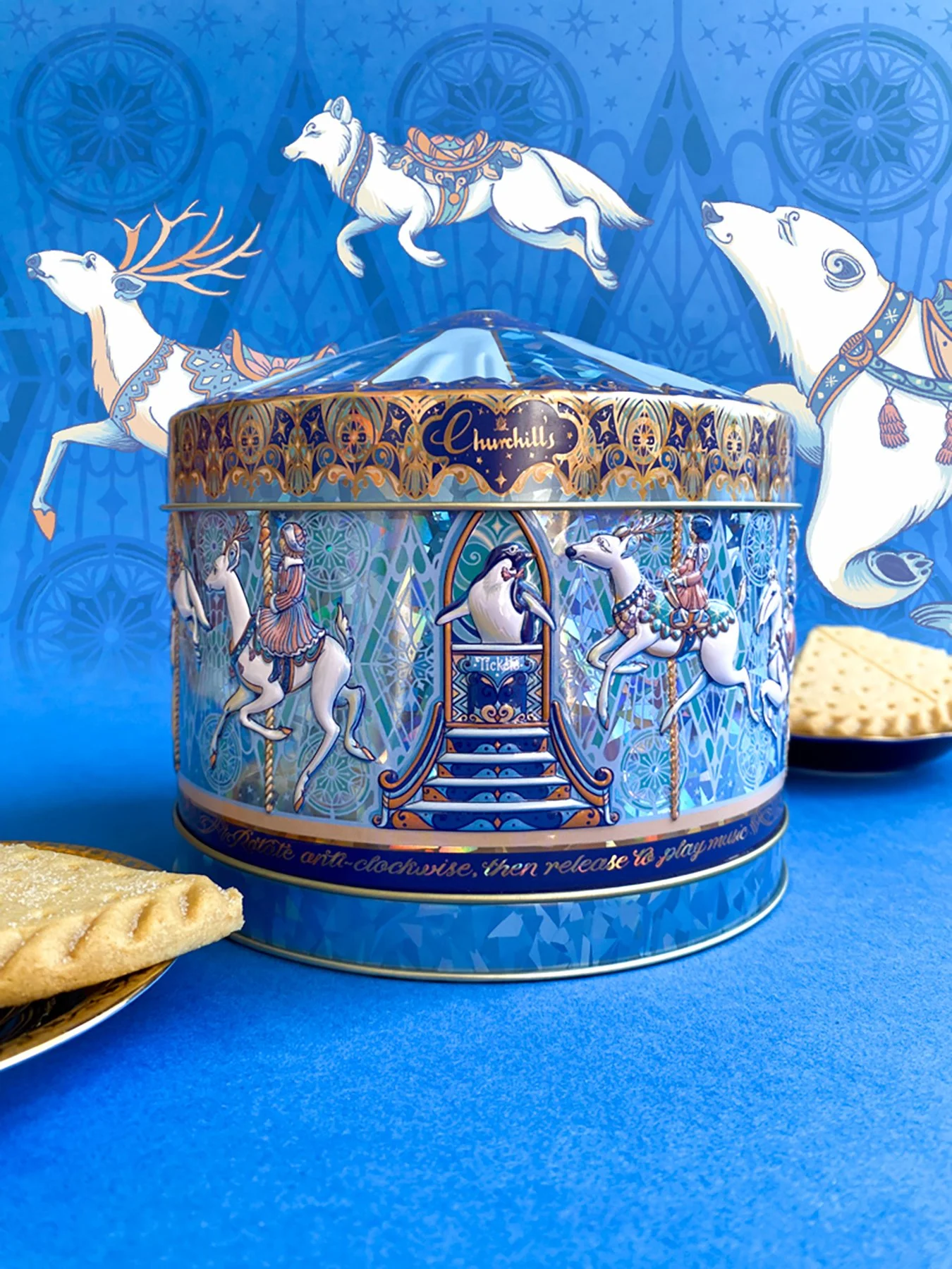 Client Work- Churchill's Confectionery, Winter Carousel, Shortbread Tin, 2025
