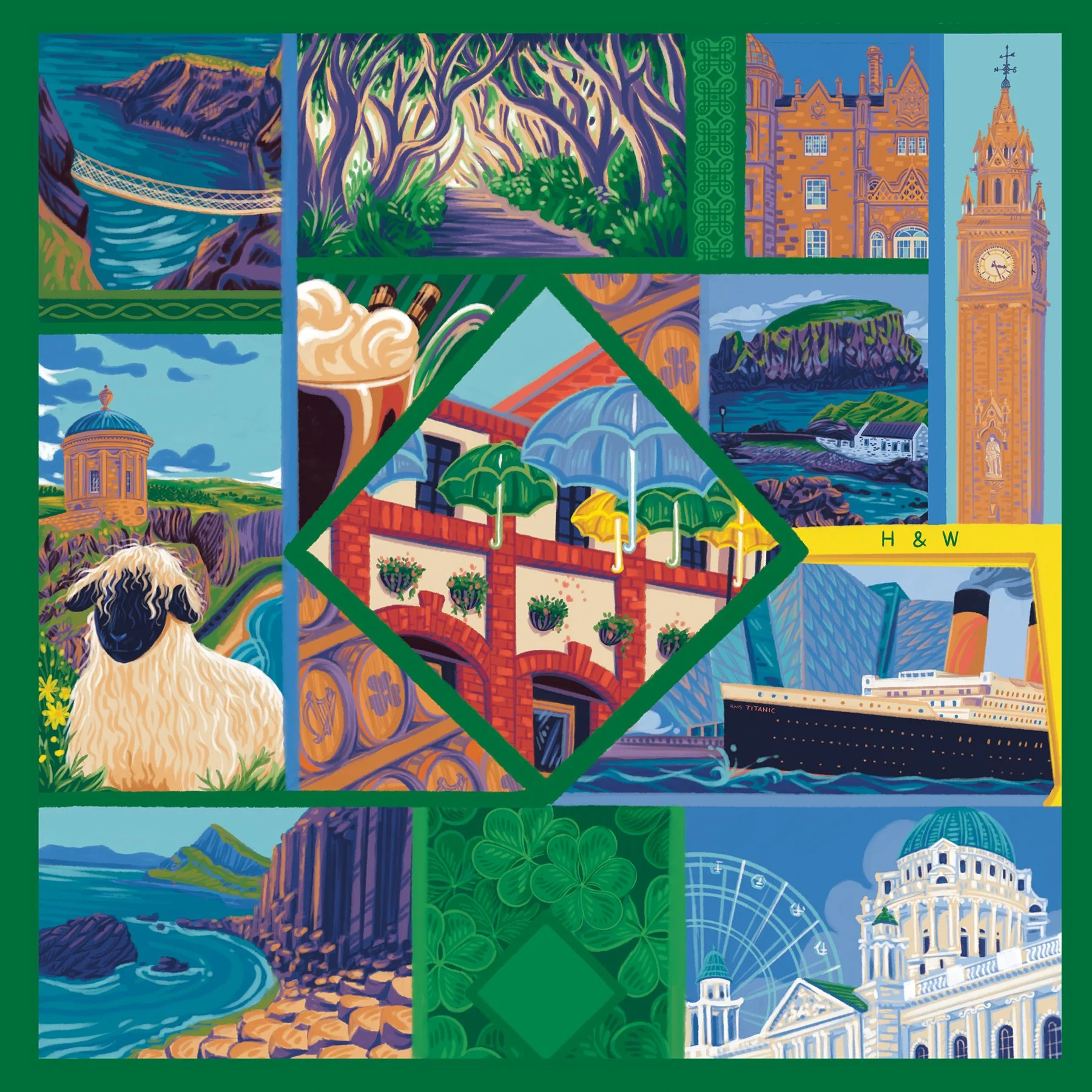 Northern Ireland landmarks on green tin