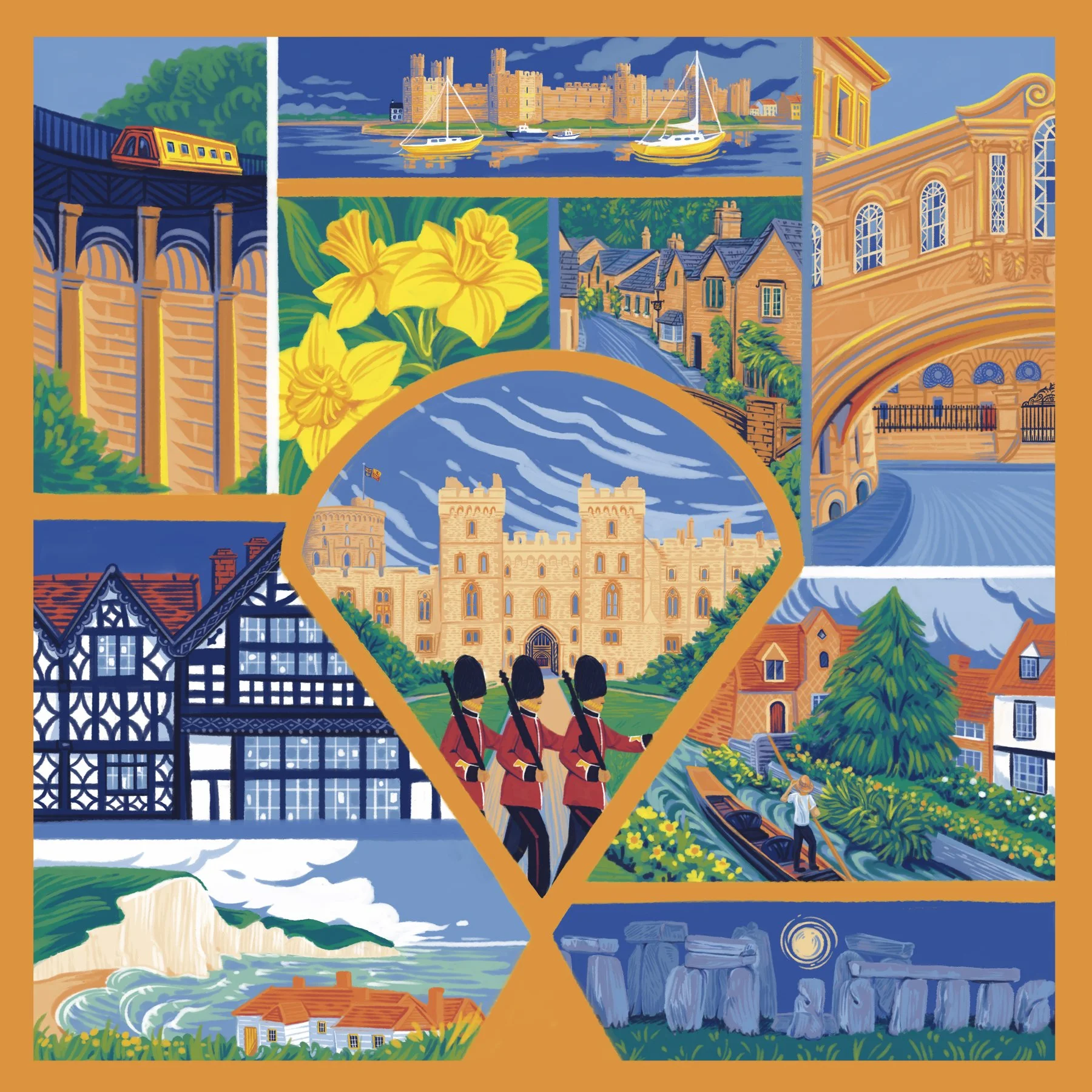 England and Wales landmarks on golden tin