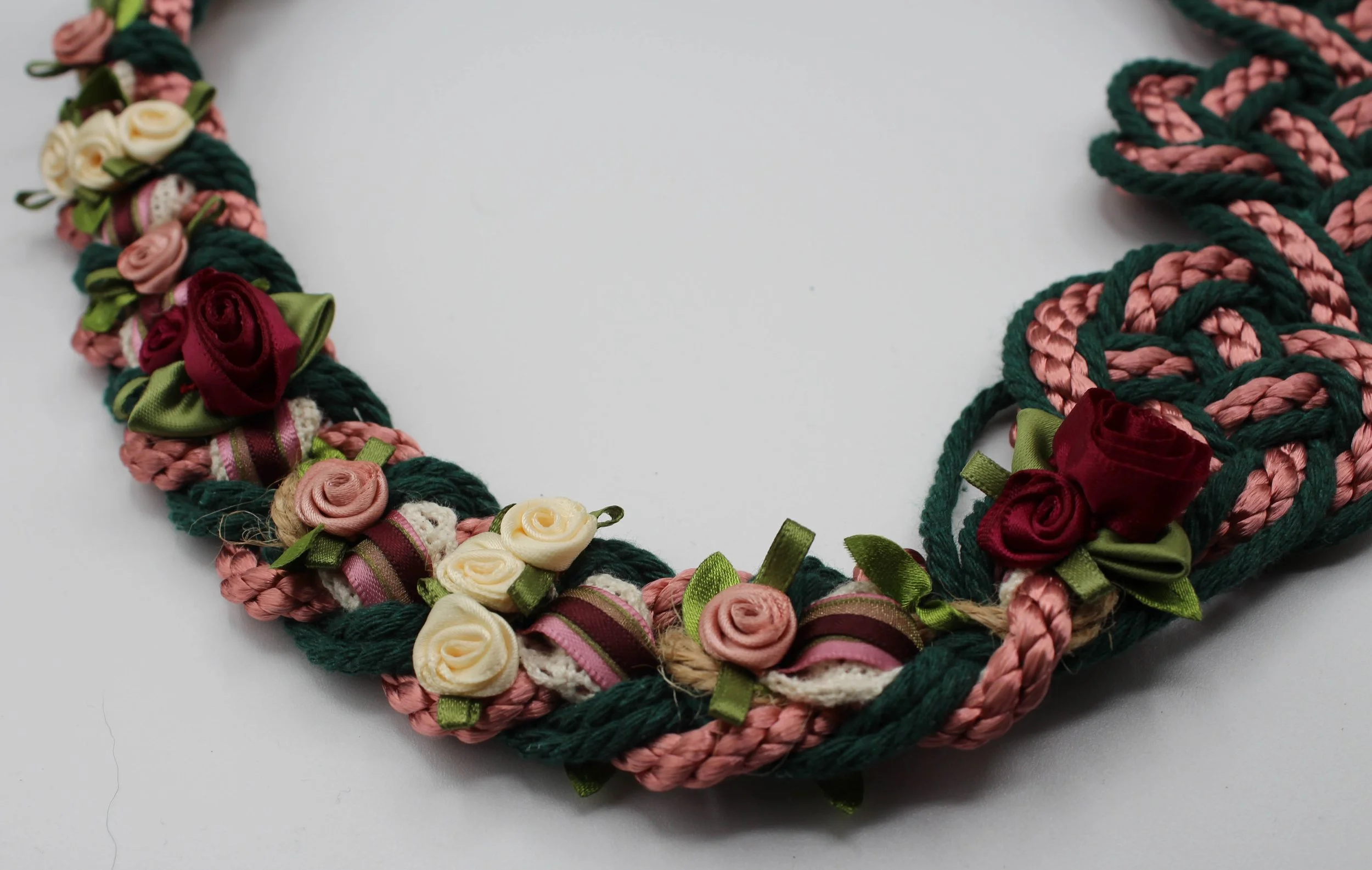 Handfasting cord in green, rose and sage, with cream lace and floral rose accents in dark red, blush pink and cream