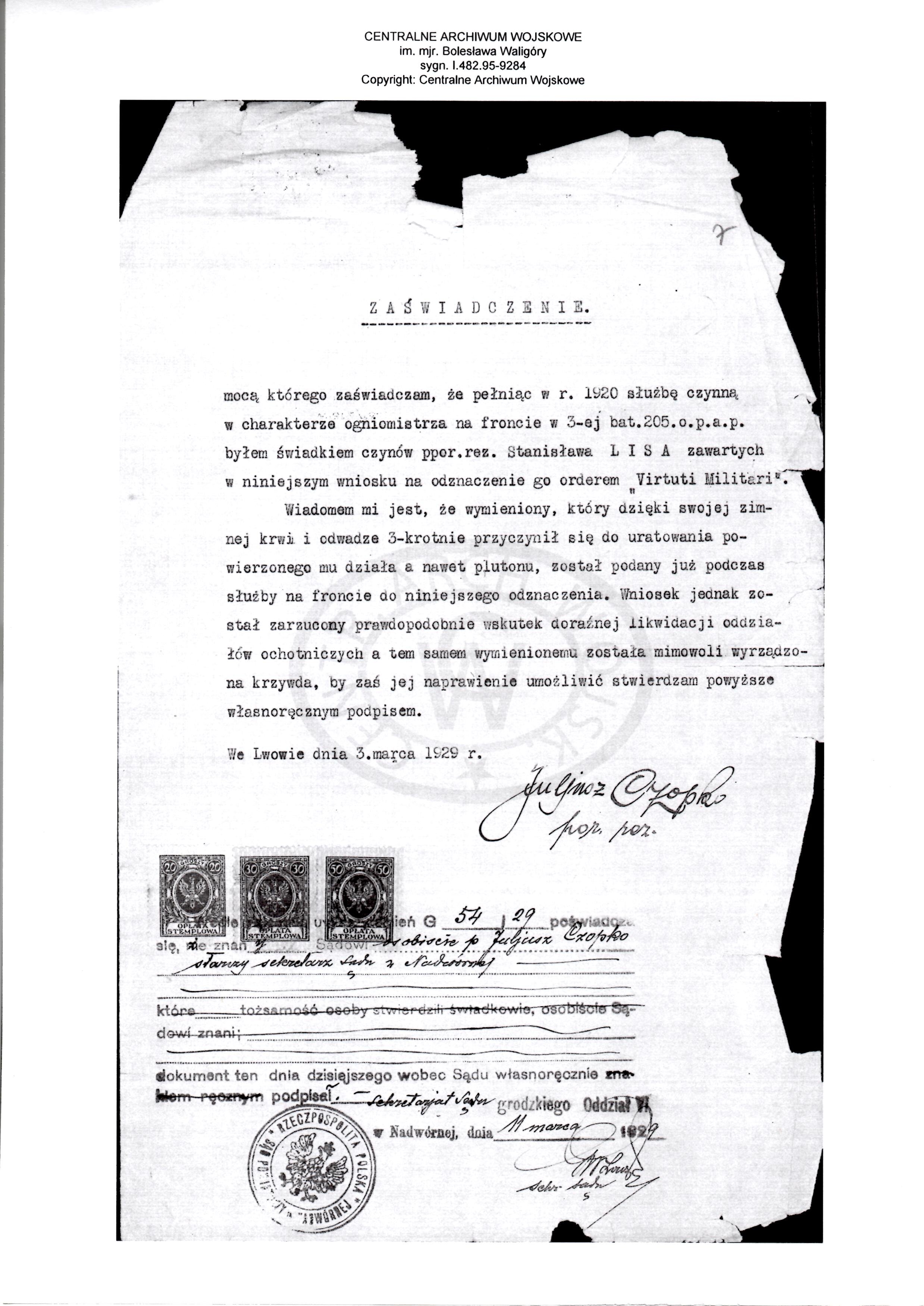 Virtuti Militari Recommendation 3 March 1929.jpg