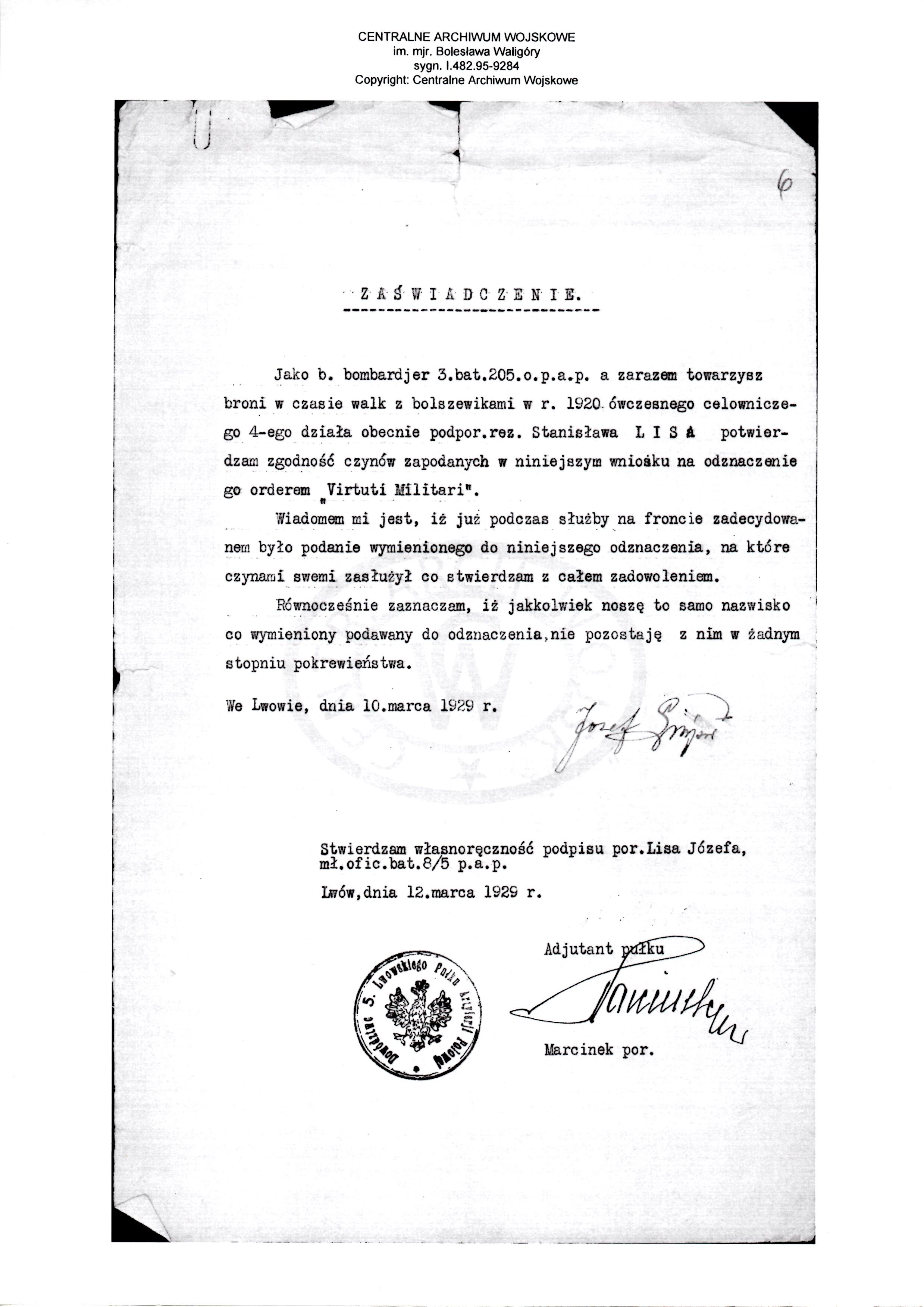 Virtuti Militari Recommendation 12 march 1929.jpg