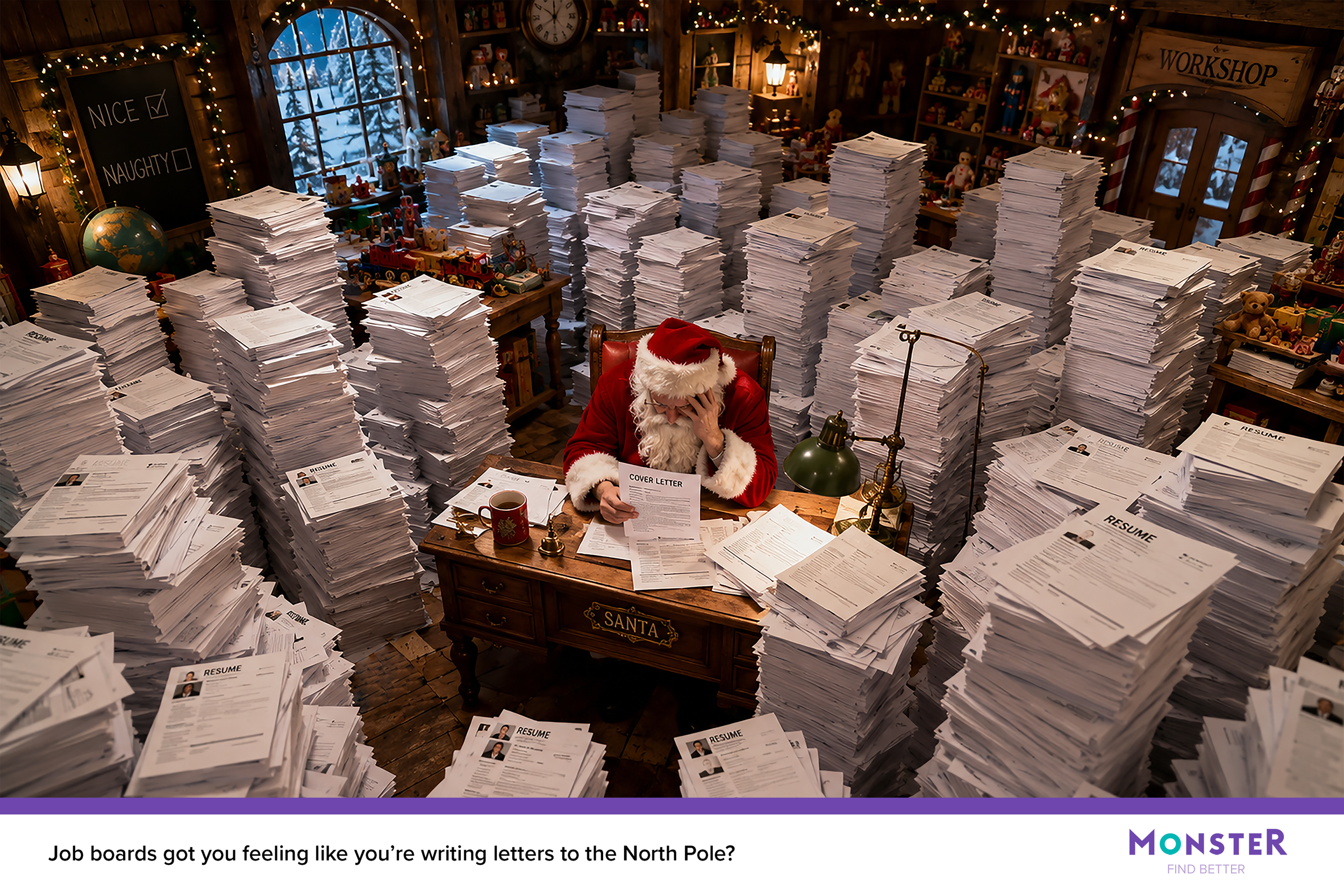  A speculative advertisement for Monster.com featuring Santa Claus, overwhelmed, sitting at his wooden desk in a cozy North Pole workshop, surrounded by towering, massive stacks of resumes and holding a cover letter. A Monster.com banner at the botto