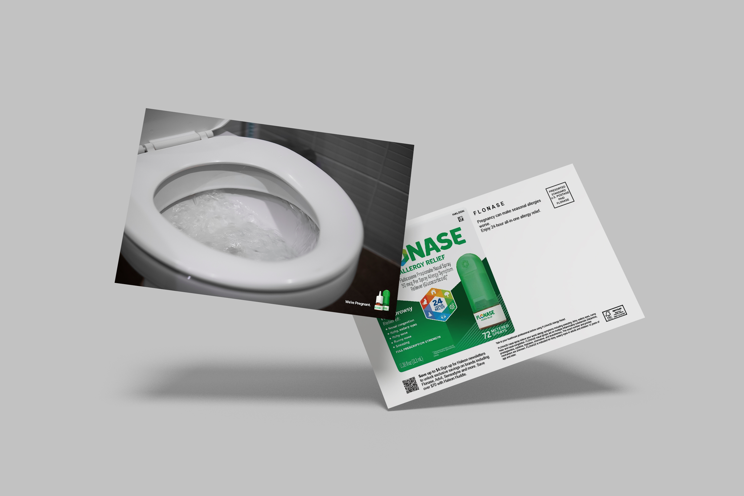 Flonase: We’re Pregnant. (Flonase is one of the only allergy medicines pregnant women can use.)