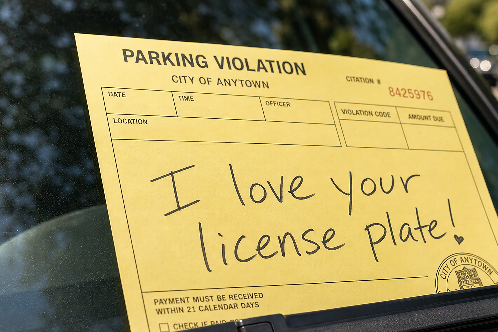 Parking violation reads I love your license plate
