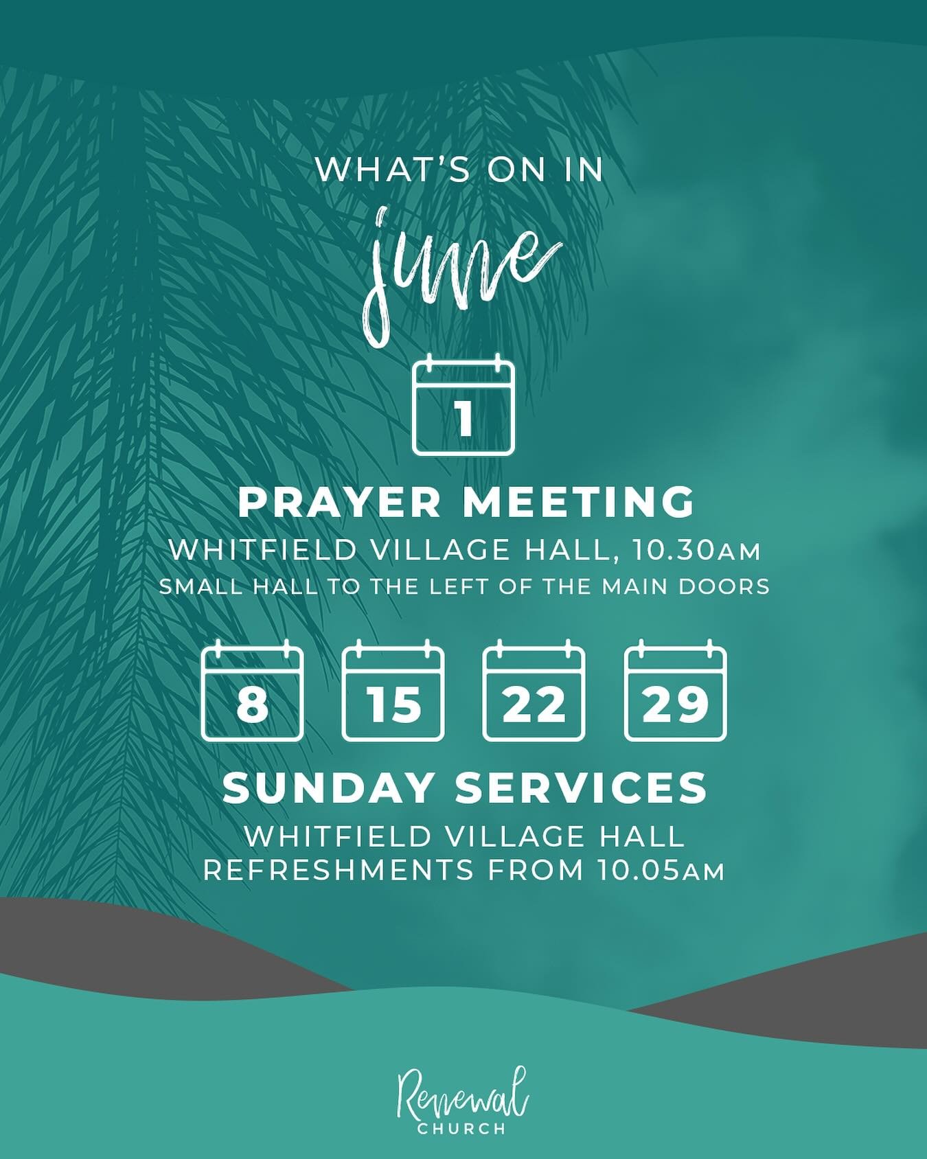 👀 How is it almost June already ☀️🏝️ Bring on that summer sunshine and come worship our Creator with Renewal Church this month 🕊️

☕️ From 10.05am
⏰ Service 10.30am
📍 Whitfield Village Hall, CT16 3LY

#renewalchurchwhitfield #dover #jesus @rmchur