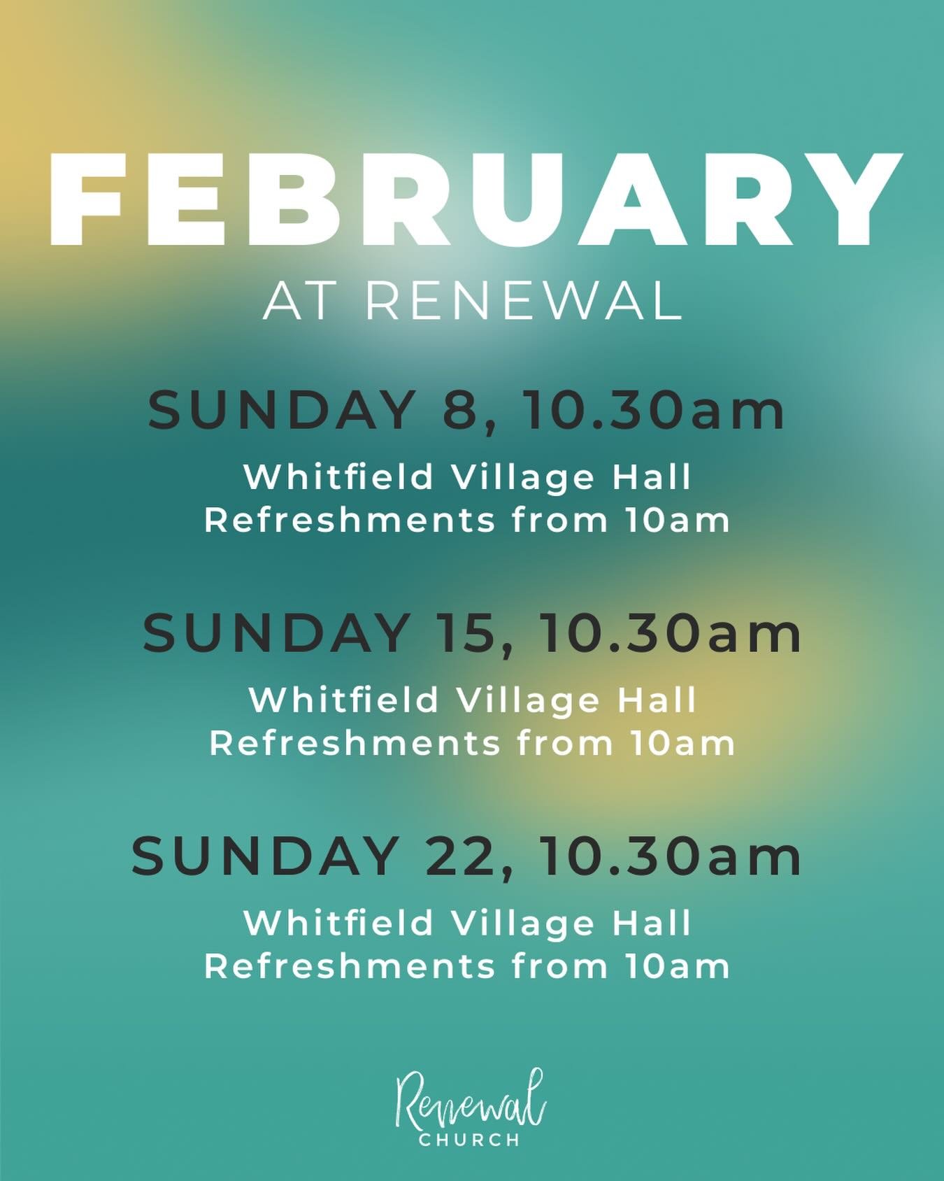 February at Renewal 💛

Three Sundays. One family. Come and be refreshed.

&ldquo;Let us consider how we may spur one another on toward love and good deeds.&rdquo; (Hebrews 10:24)

☕️ From 10.05am
🕥 Service 10.30am
📍 Whitfield Village Hall, CT16 3L